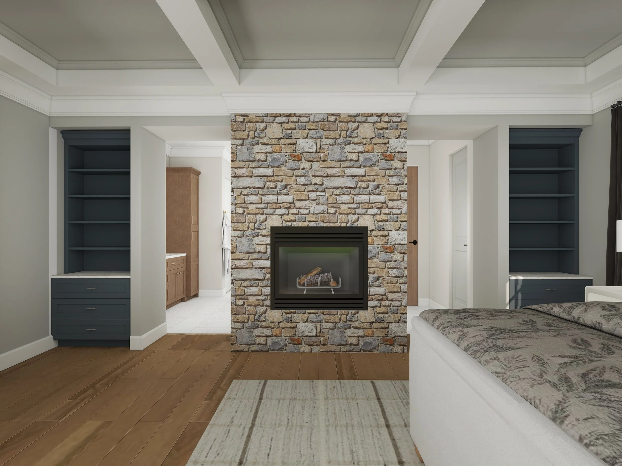 Living room with a brick fireplace in the center, blue built-in shelves on either side, a marble-patterned couch on the right, and a beige area rug on wooden flooring.