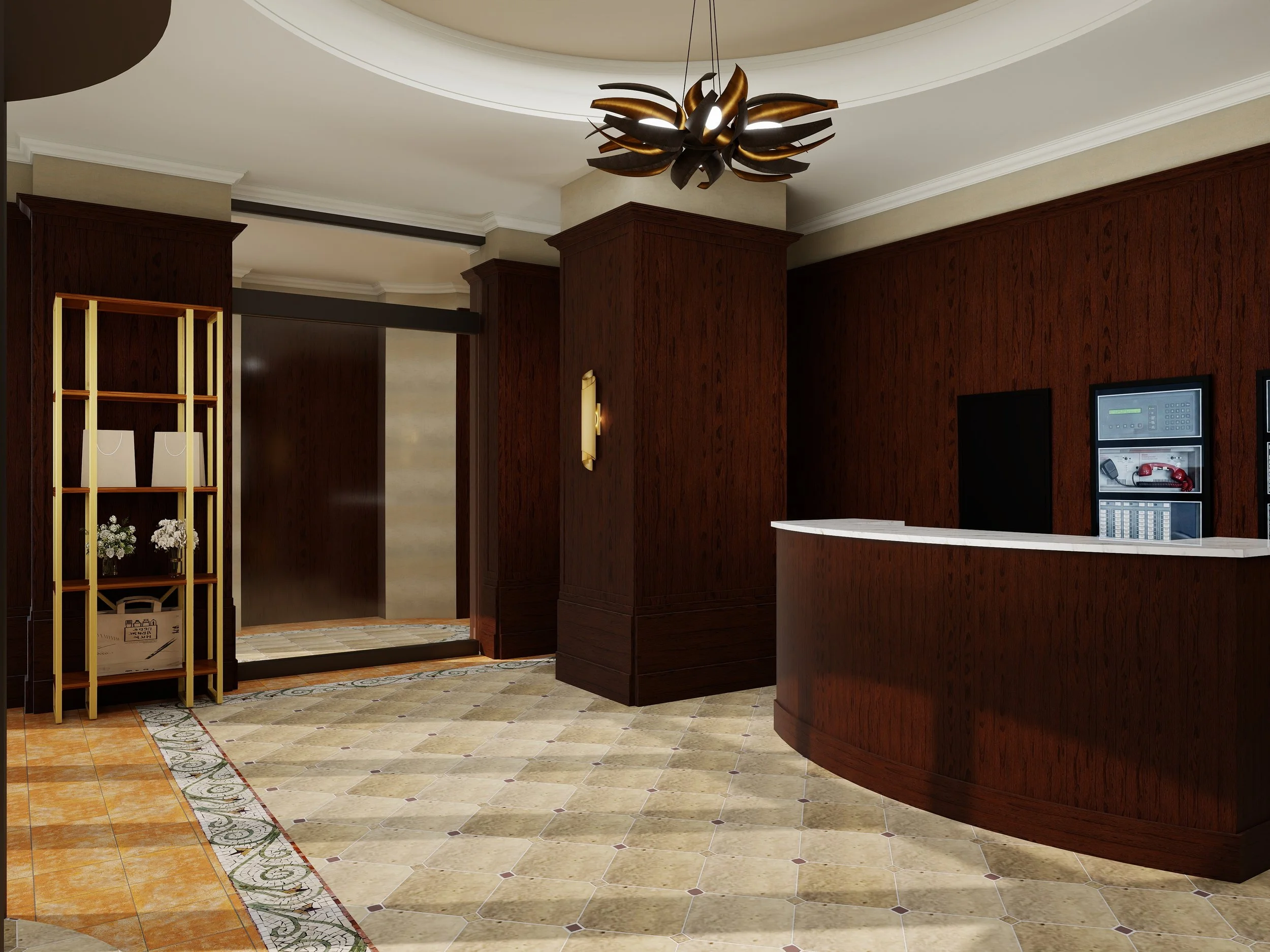 Interior of a reception or lobby area with a curved wooden counter, dark wood paneled walls, a modern chandeliers, and a tiled floor with decorative accents.