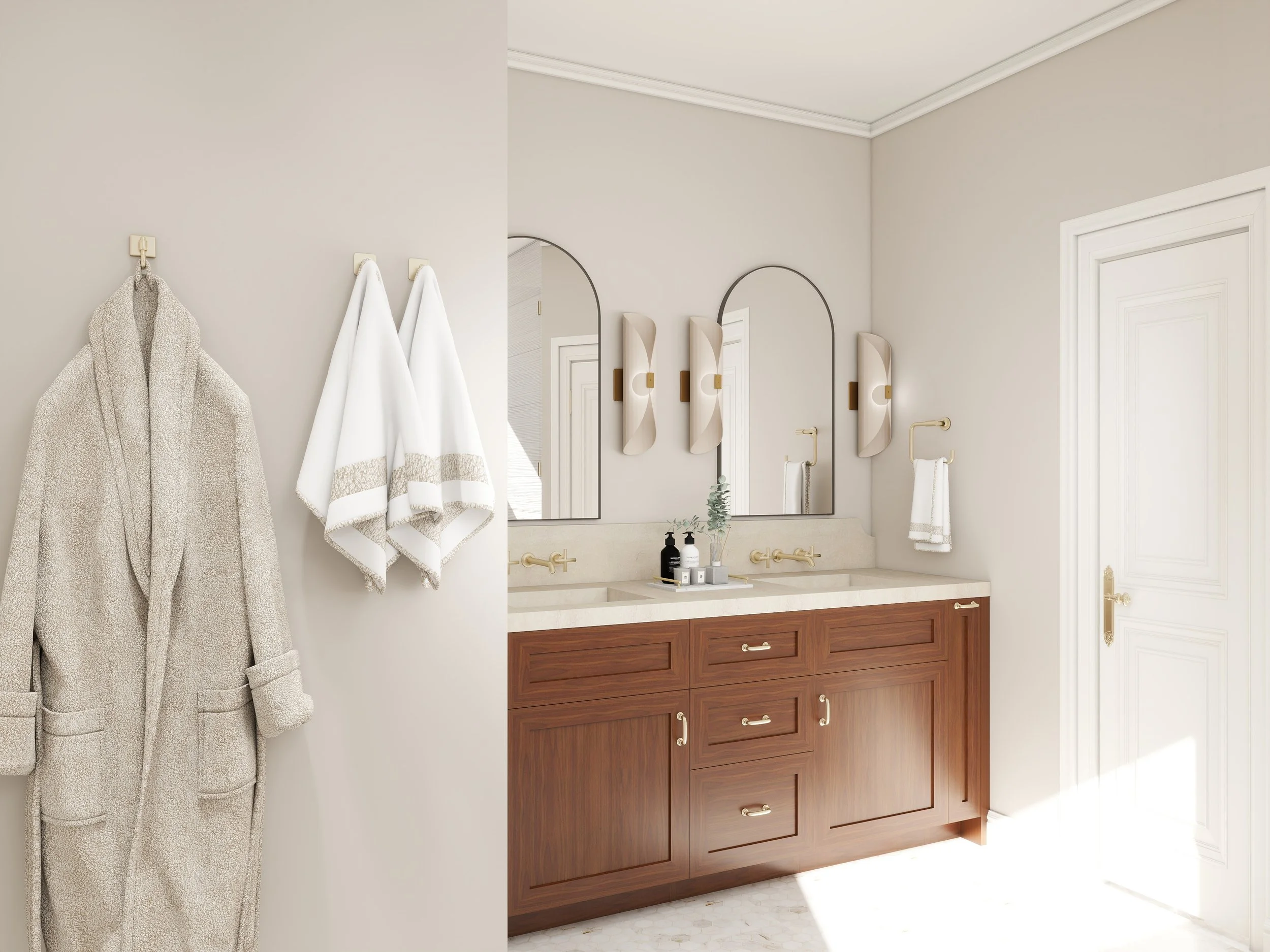 A bathroom with beige walls, a wooden vanity with multiple drawers, a white countertop, and a large mirror above the sink. There are three beige wall sconces and a small plant on the countertop. Towel hooks hold towels, and a door is visible on the r