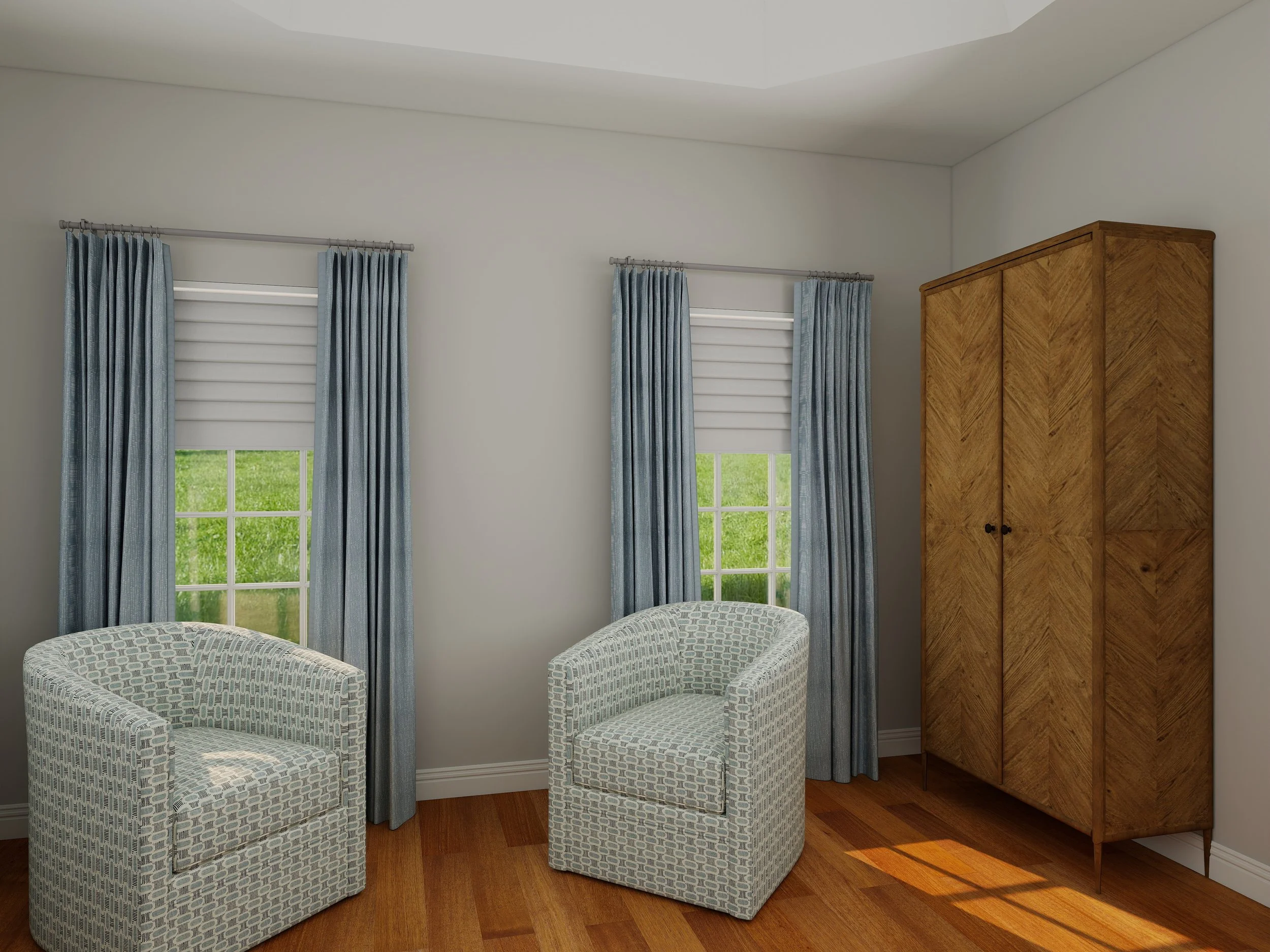 Corner of a room with two large windows with white blinds and blue curtains, a wooden wardrobe, and two patterned armchairs with a small table in between.