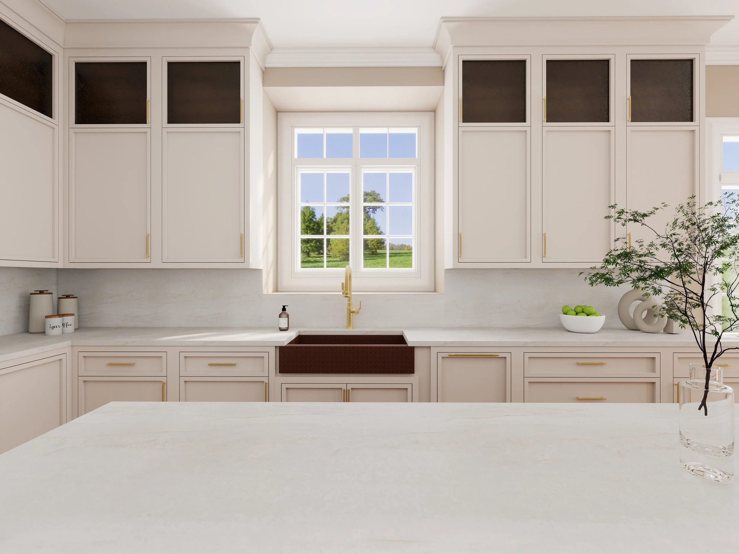 Bright kitchen with white cabinets, a window overlooking a green outdoor landscape, and a white countertop with a plant, a bowl of green apples, and a clear glass with water.