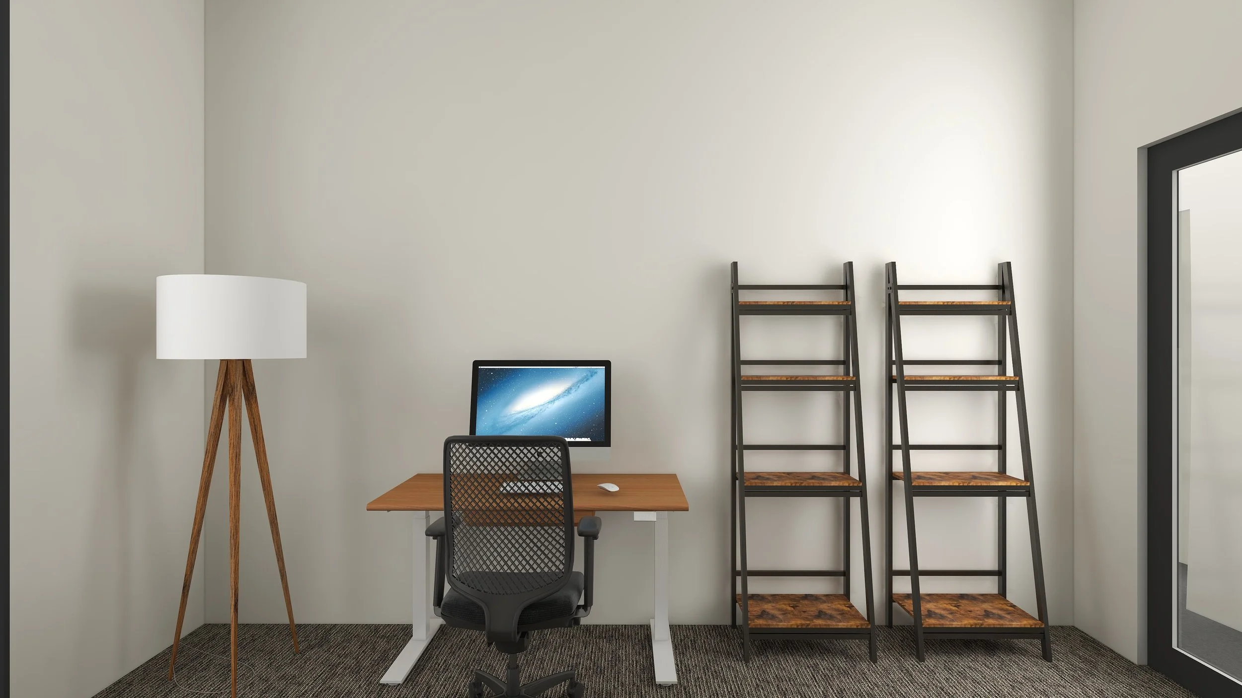 A modern home office with a wooden desk, a black ergonomic chair, a desktop computer displaying a starry background, a tall floor lamp with a white shade, and two black ladder shelves against a plain white wall.