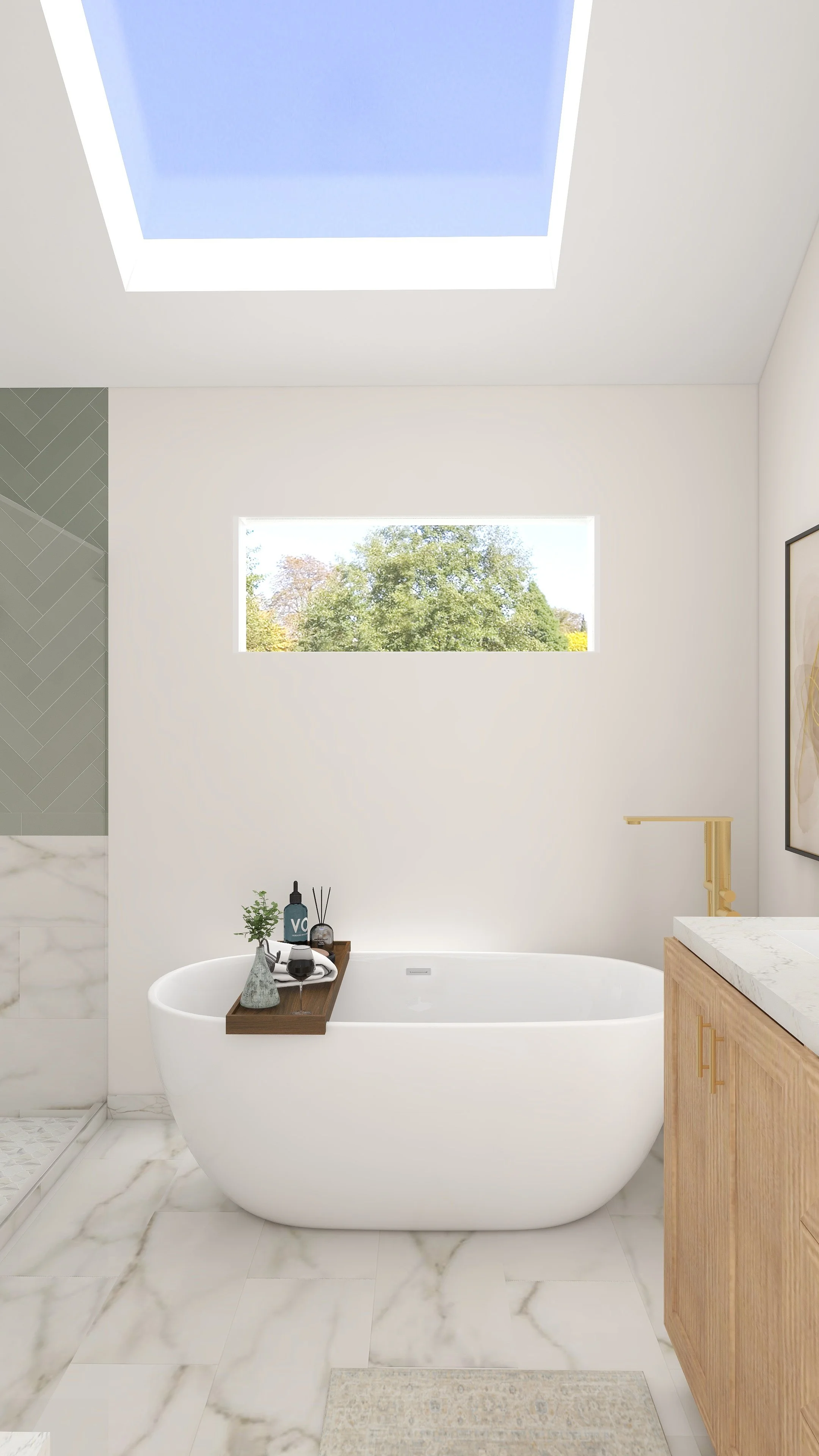 Modern bathroom with a white freestanding bathtub, a window showing green trees outside, and a skylight. There is a wooden tray with toiletries on the tub, a gold faucet, a marble-tiled floor, and a wooden vanity.