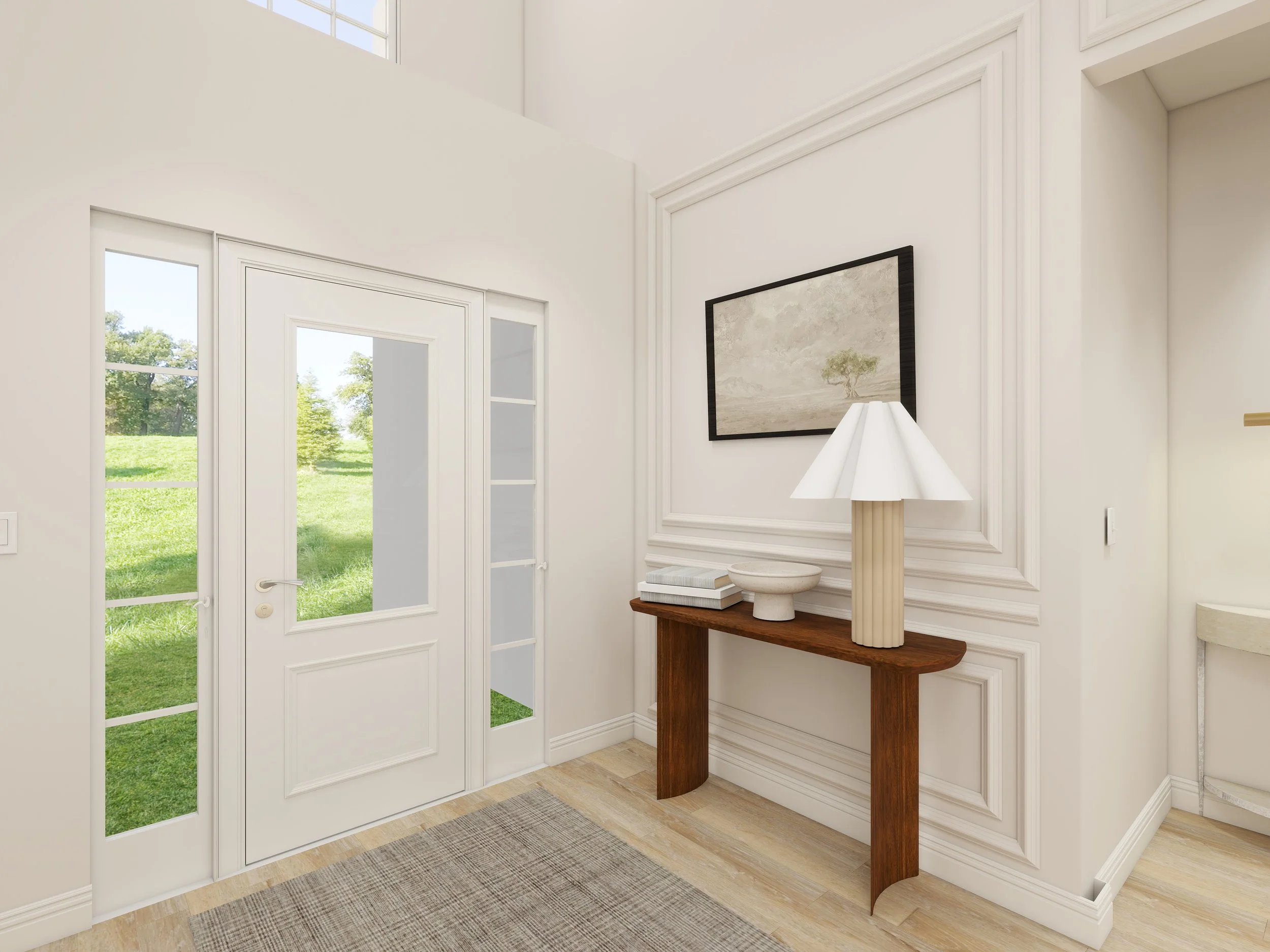 Interior view of a bright hallway with a white door leading outside to a grassy yard, a framed painting of a tree on the wall, a wooden console table with stacked books, a large ceramic bowl, and a modern white table lamp, with natural light coming t