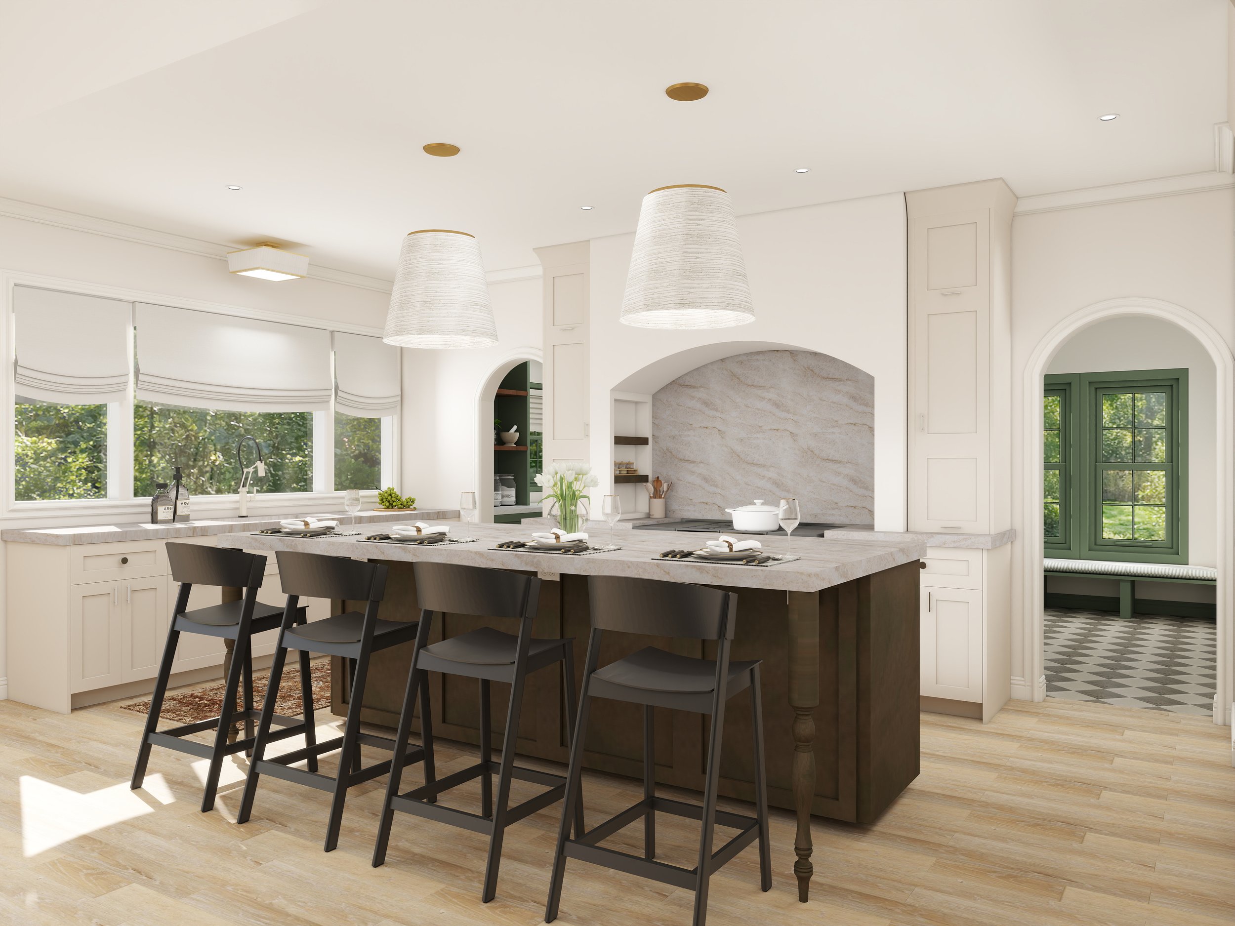 Bright modern kitchen with large marble island, black chairs, white cabinetry, large windows with white blinds, and a view of green trees outside.