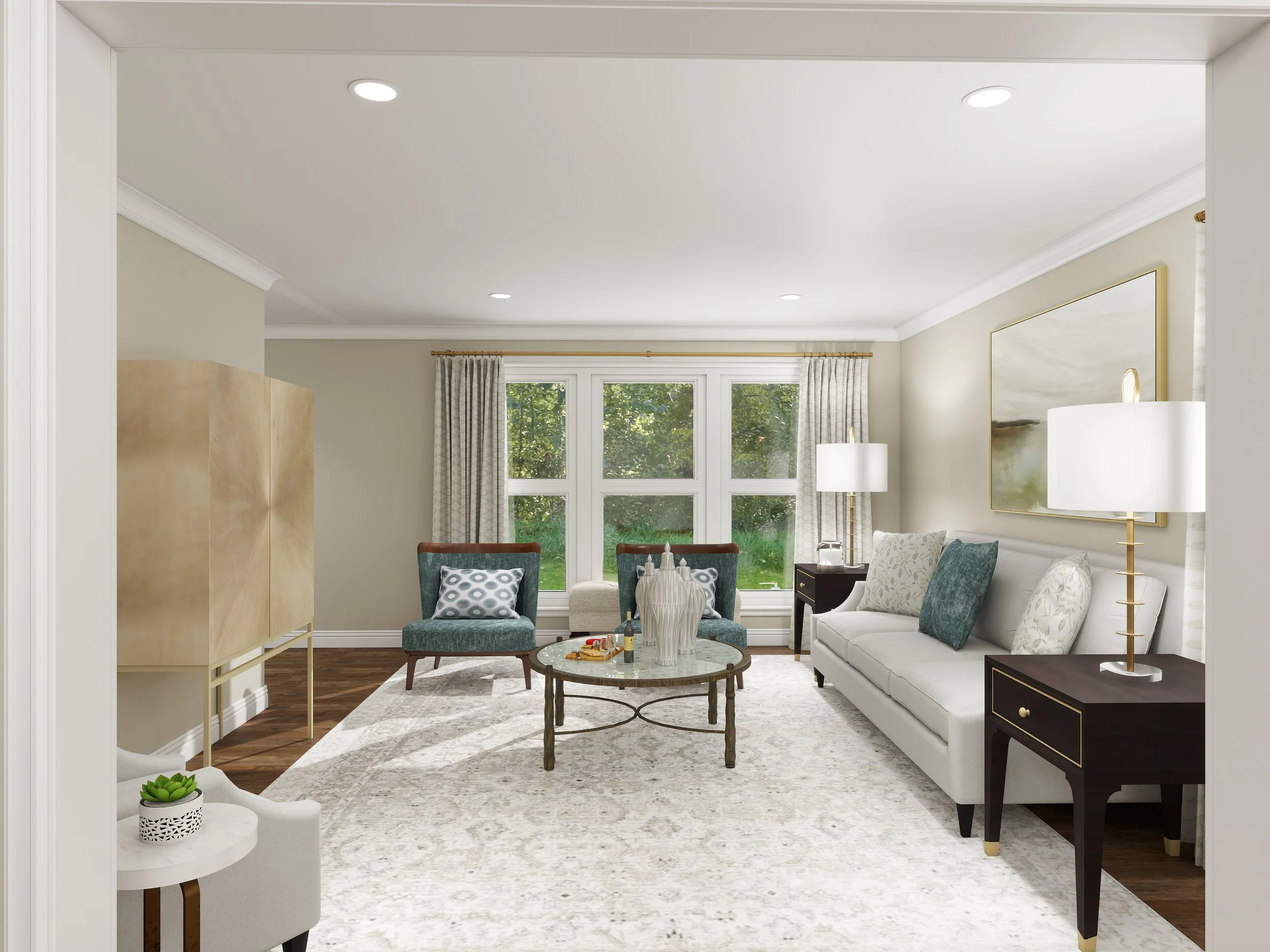 Living room with large window, white sofa, blue armchairs, round marble coffee table, side table with lamp, wall art, drapes, and decorative items.