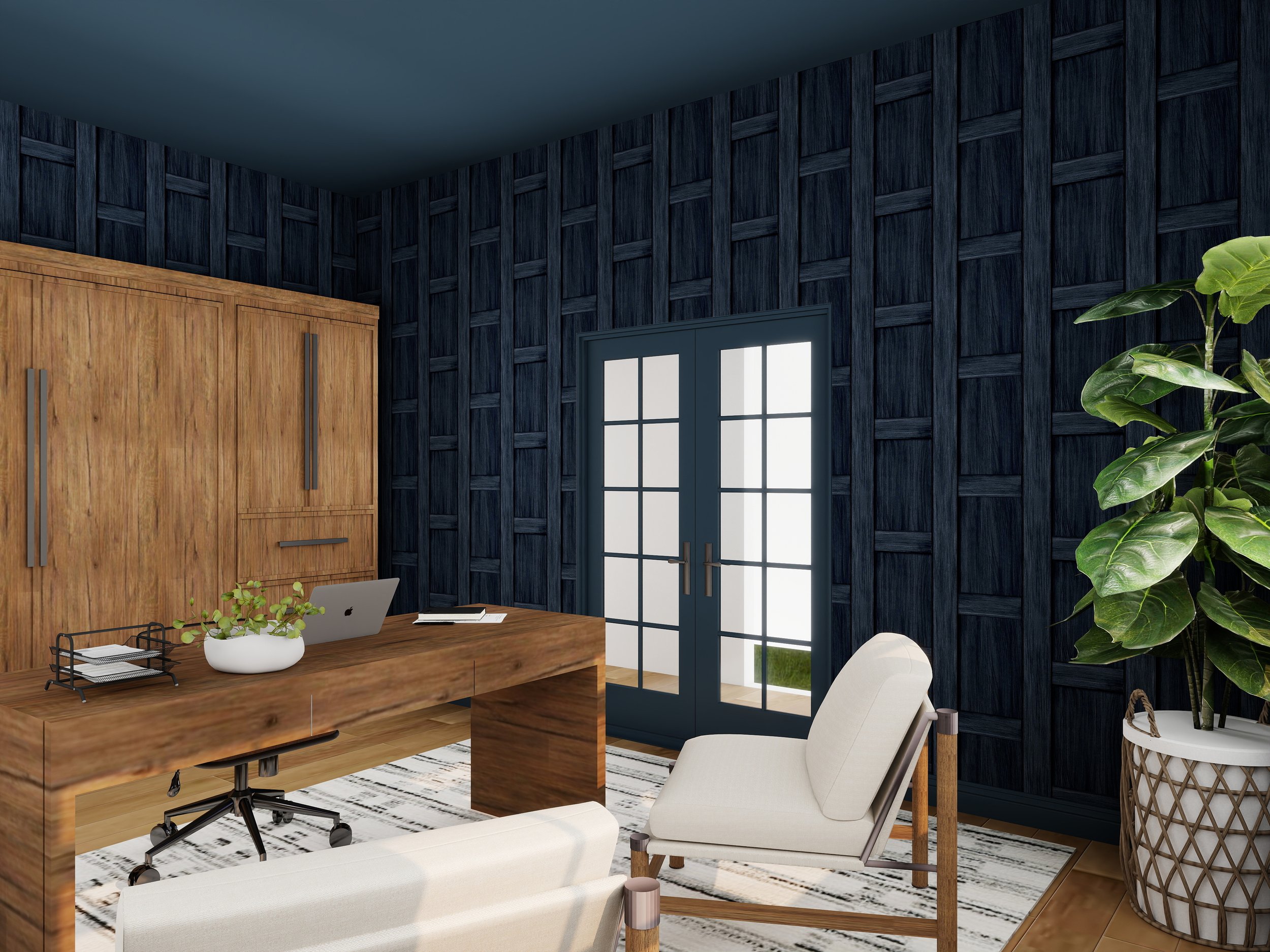 Home office with dark navy textured wall, wooden cabinet, large window with divider, white chair, green leafy plant, and wooden desk.