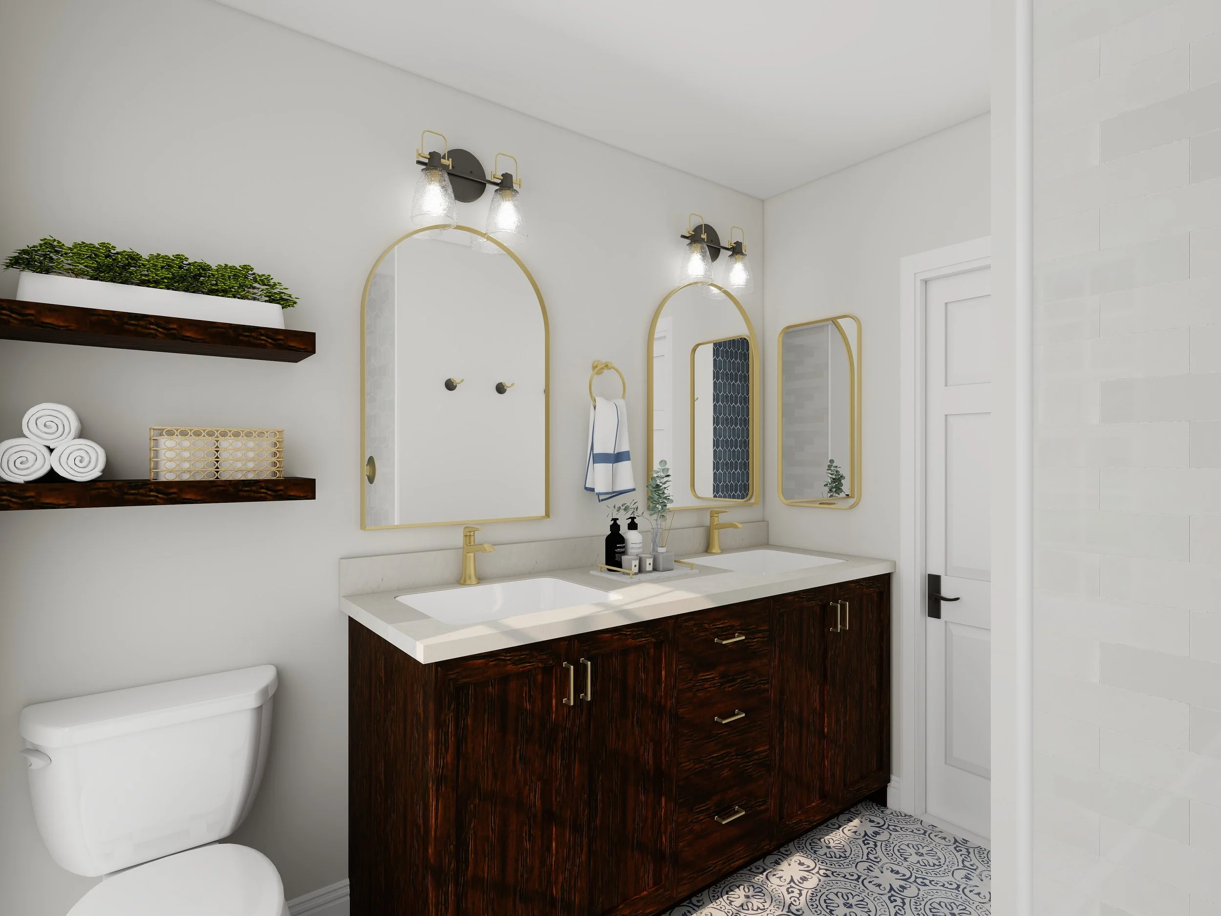 Modern bathroom with white walls, gold-framed mirrors, dark wood vanity, white countertop, yellow faucet, black soap dispensers, striped towel, wall-mounted lights, decorative plant, patterned floor tiles, and white door.