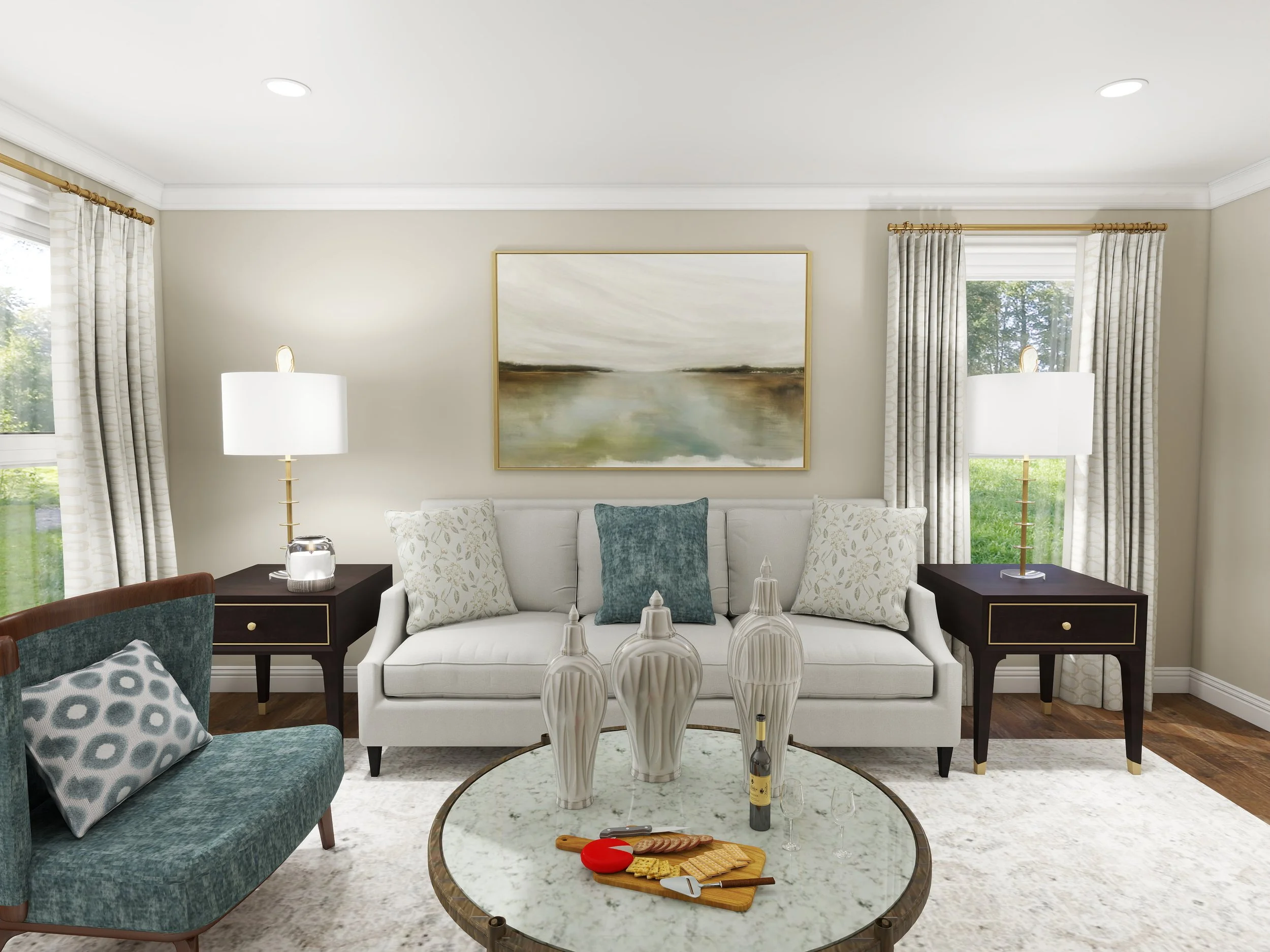 Living room with white sofa, blue accent pillow, two beige patterned armchairs, side tables with lamps, abstract landscape painting on the wall, windows with light curtains, coffee table with snacks and drinks, green outdoor view visible.
