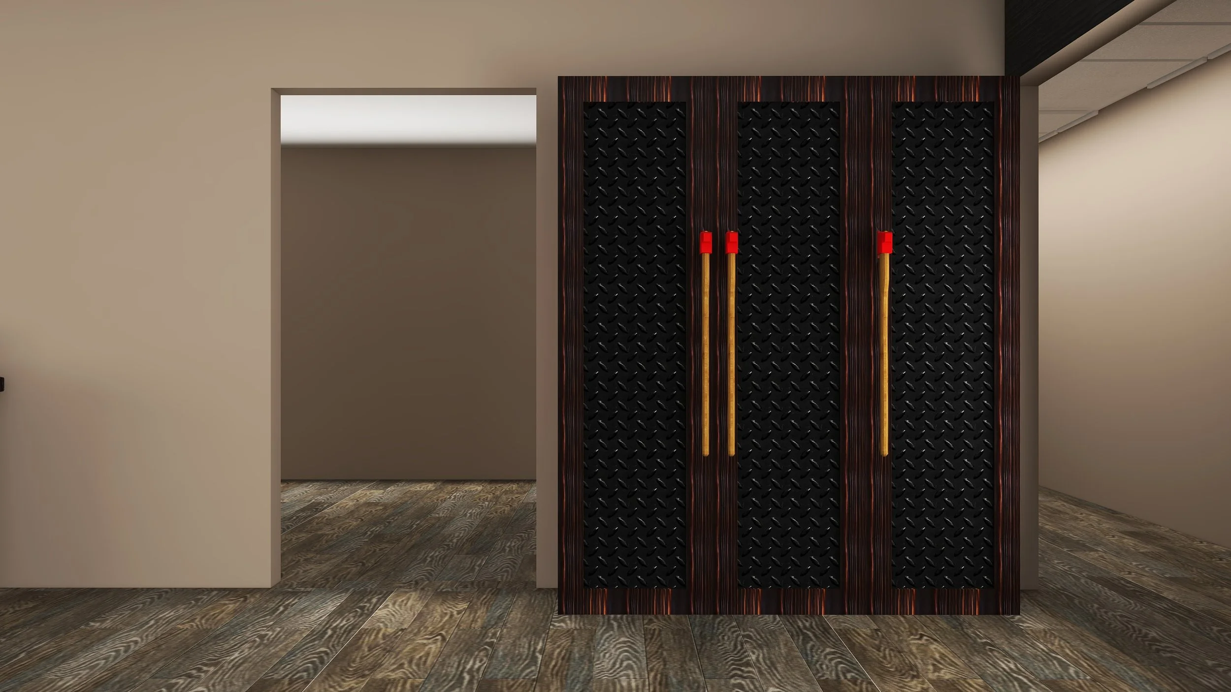 Interior of a room with two bats hanging on a black diamond plate wall panel.