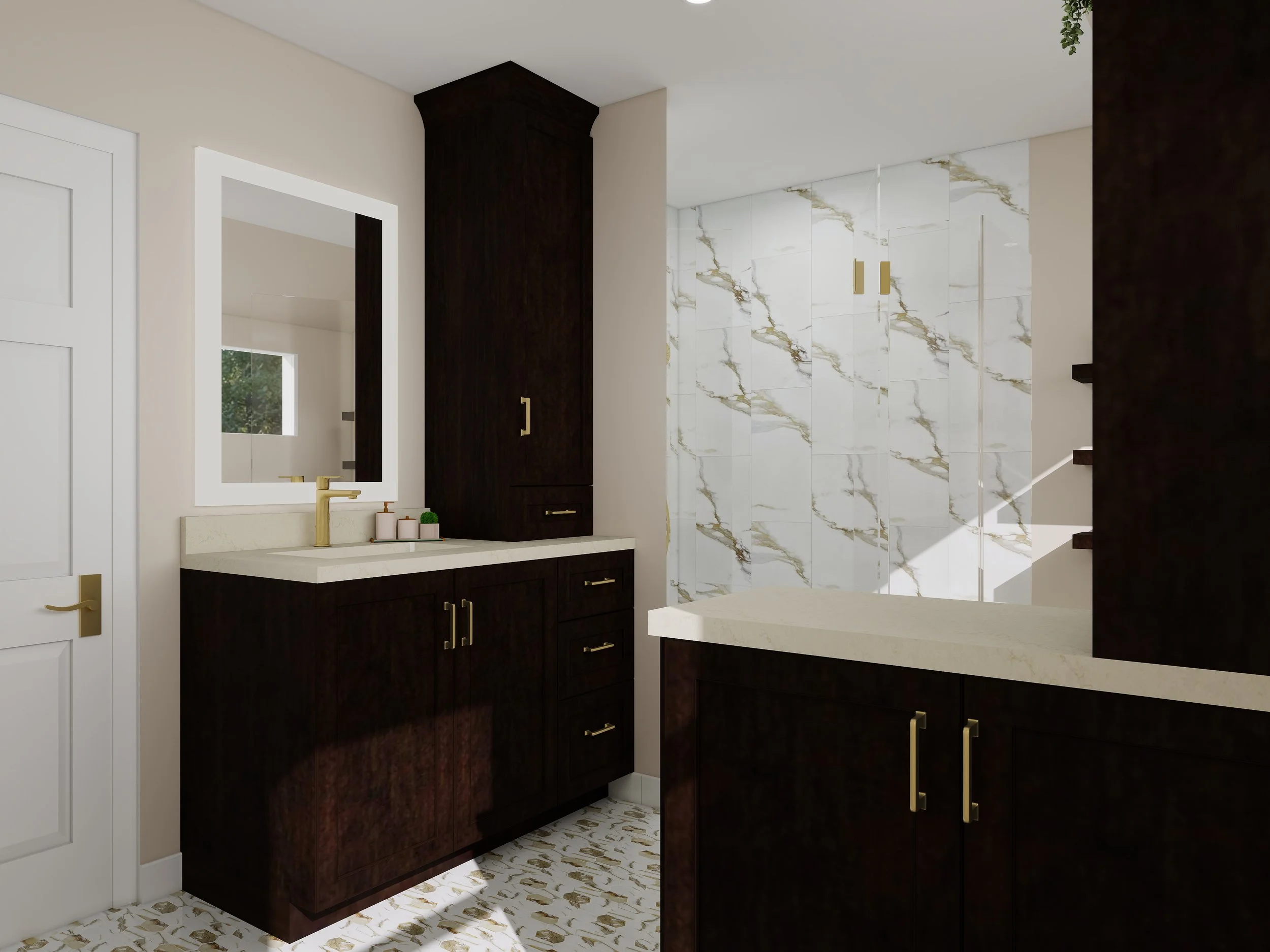Bathroom with dark wooden cabinets, a mirror, a white countertop with a gold faucet, and marble tile walls and floor.
