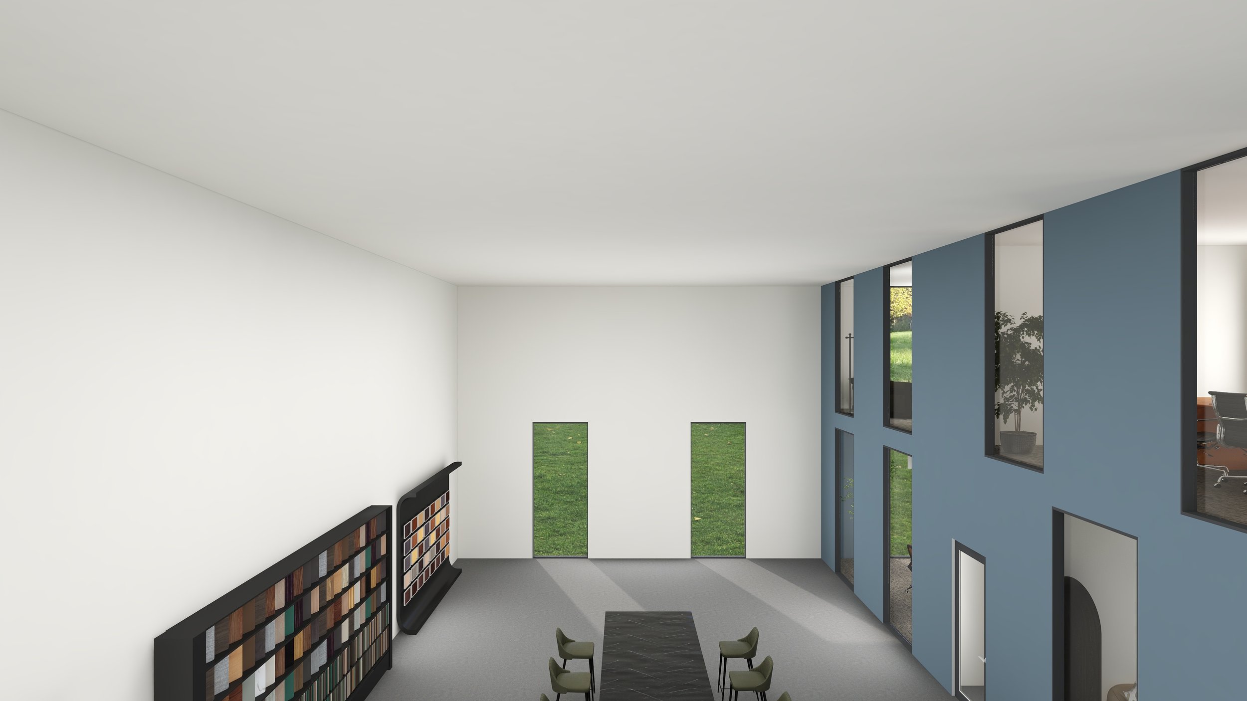 Interior of a modern living space with high white ceiling, white and blue walls, large windows, and furniture including chairs and bookshelves.