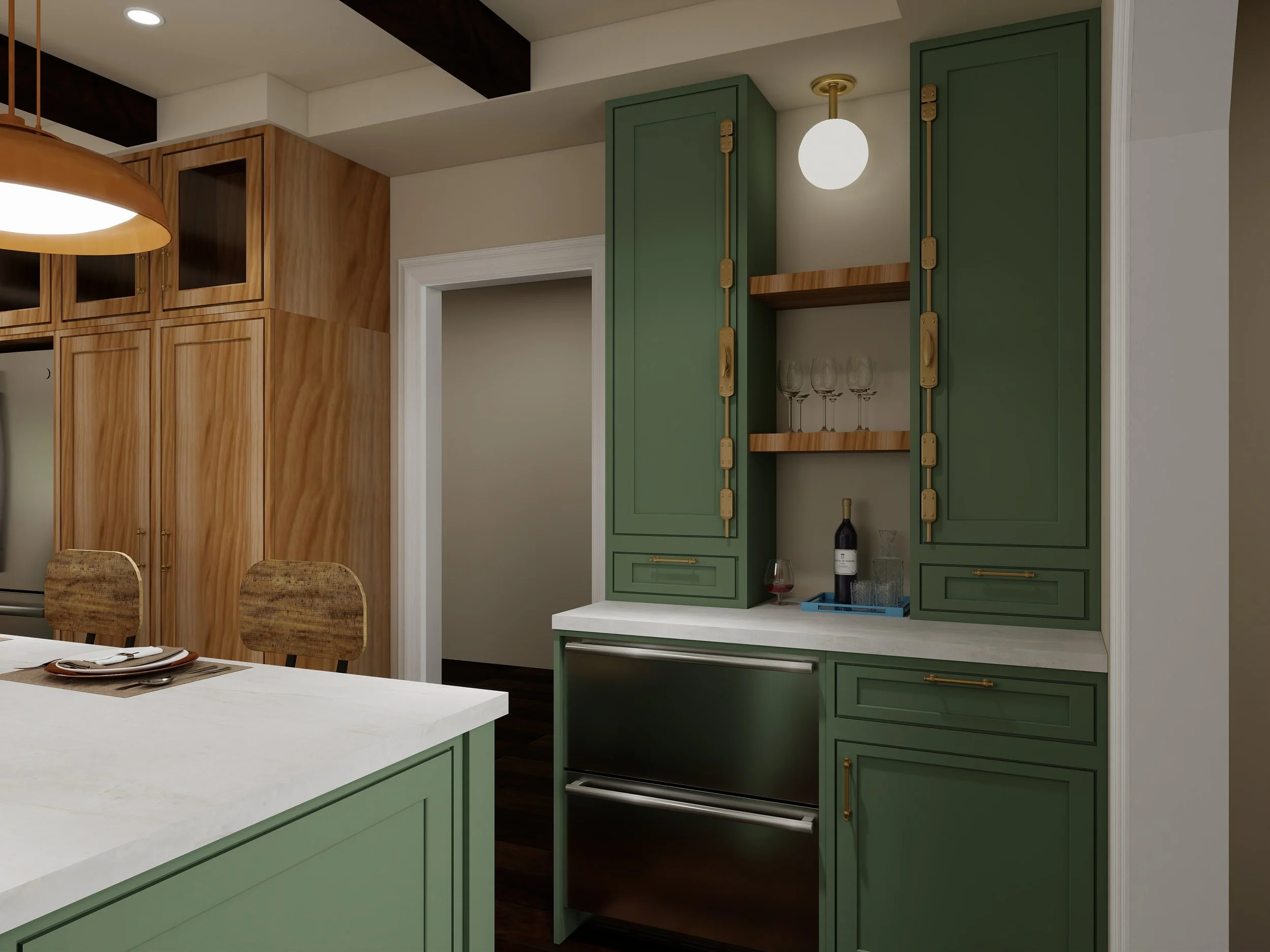 Modern kitchen with green cabinets, white countertop, and wooden accents. Open storage with wine glasses, bottle, and a wine glass on the counter. Circular pendant light and recessed lighting.