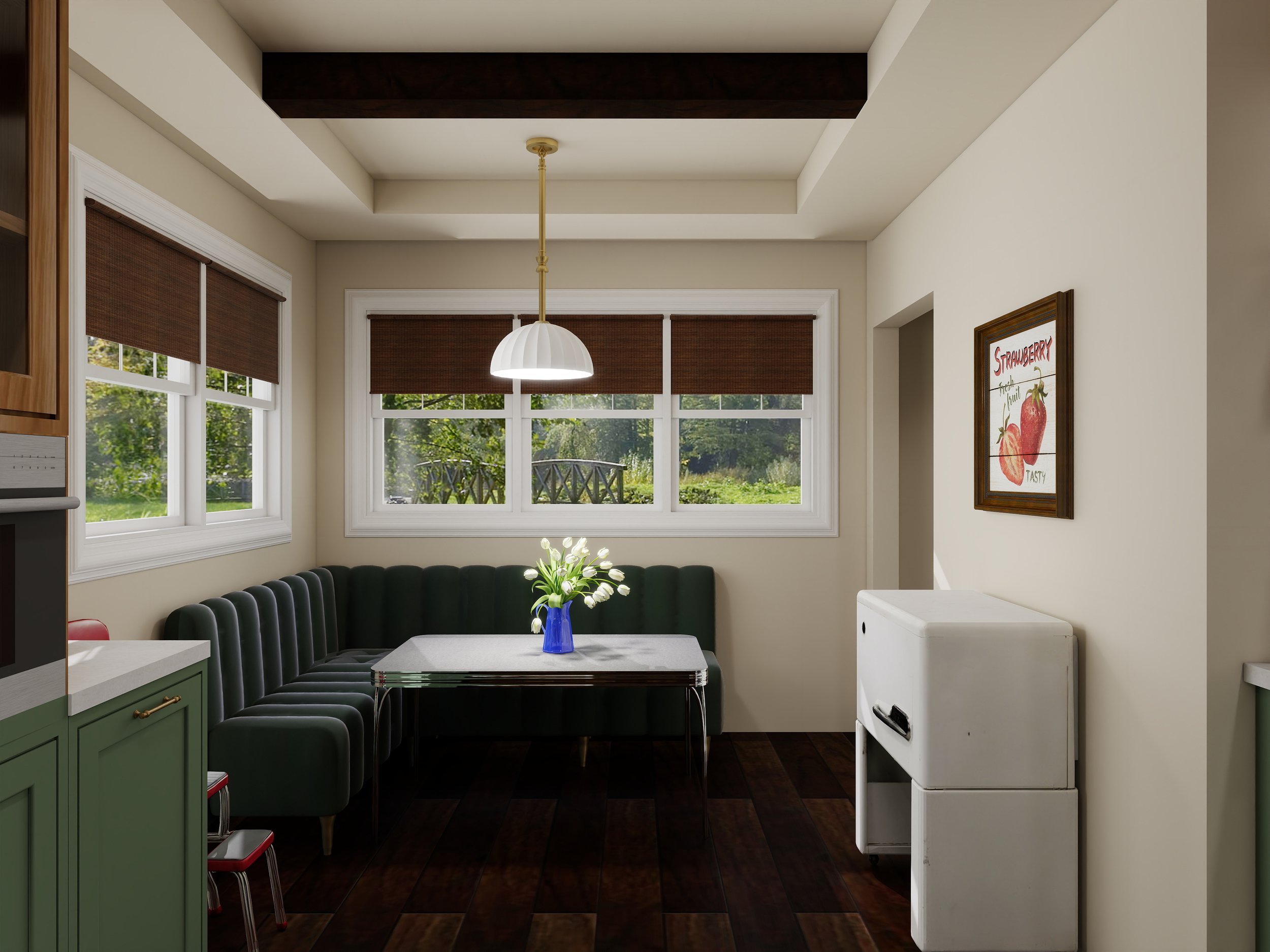 Kitchen dining area with large windows, brown blinds, a white table with black chairs, a green cabinet, a white radiator, a framed strawberry art print on the wall, and a blue vase with white flowers on the table, illuminated by a ceiling light.