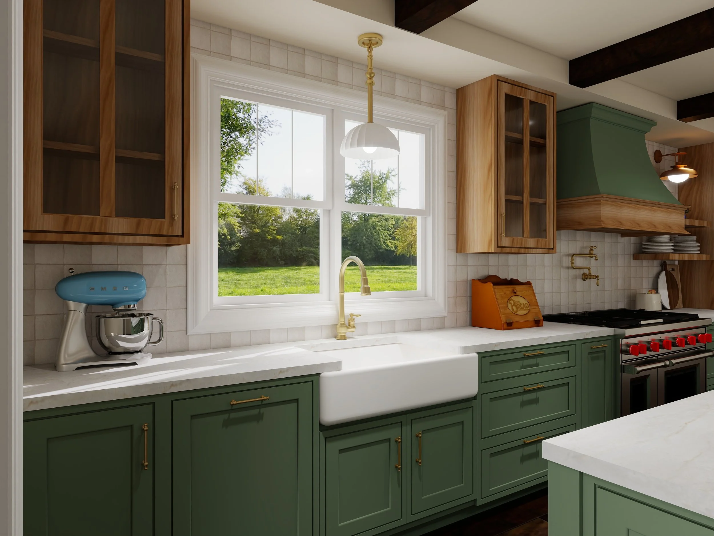 A kitchen with green cabinets, a white countertop, a large window with a view of trees, and a white farmhouse sink with a gold faucet. There are wooden upper cabinets, a gold ceiling pendant light, a blue stand mixer on the counter, and a stovetop wi