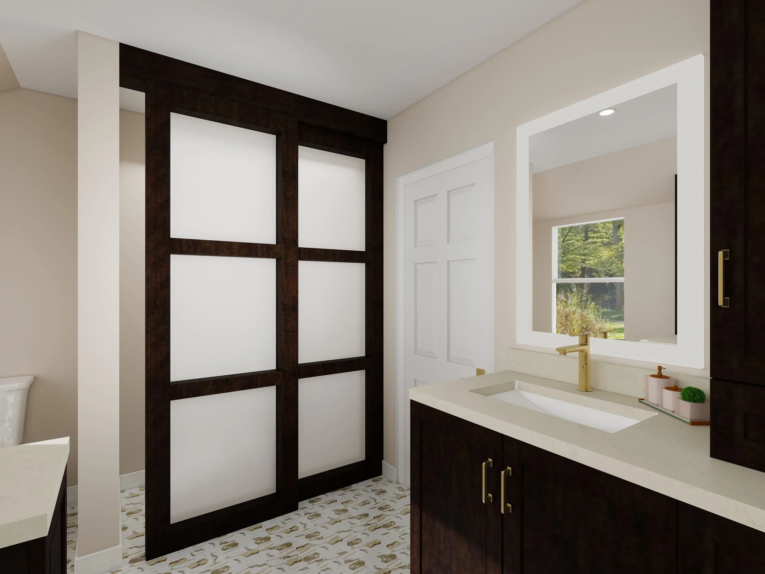 Interior view of a modern kitchen with dark wood cabinets, a large window with a scenic view, and a white countertop with a built-in sink.