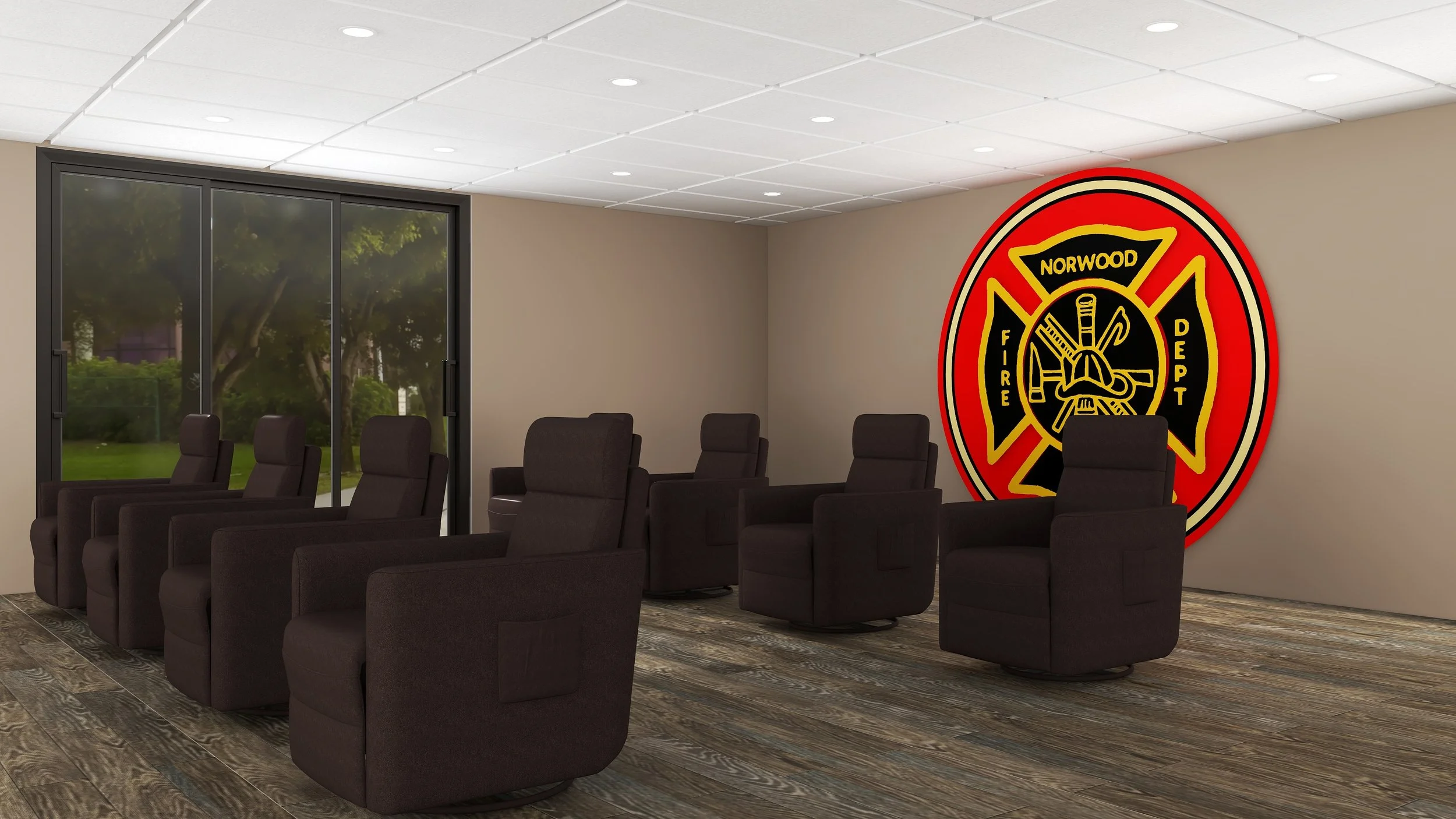 Fire department conference room with black chairs, wooden flooring, large window showing trees outside, and a fire department emblem on the beige wall.