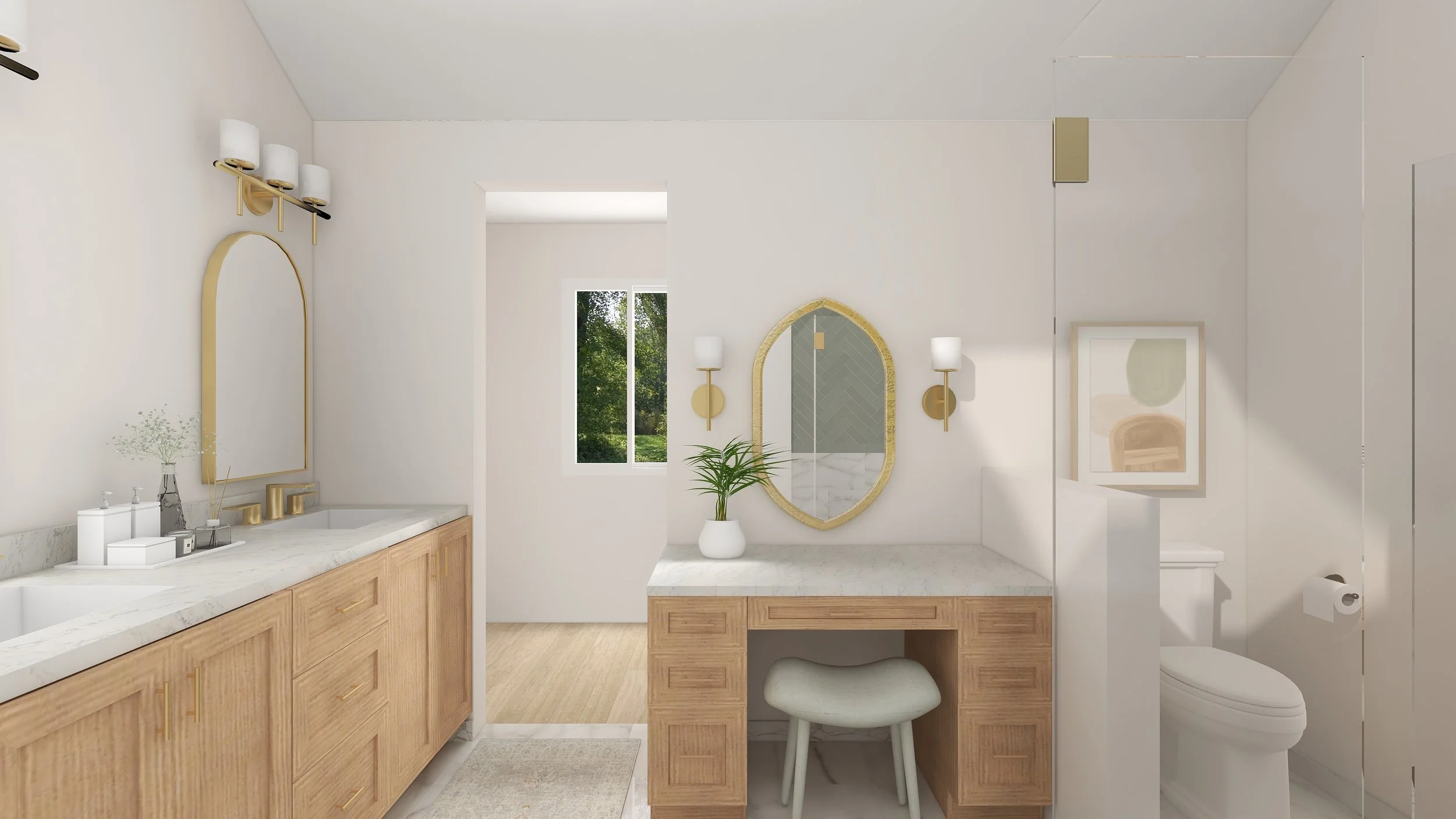 A modern bathroom with wooden vanity, white marble countertop, oval mirror with gold frame, and two wall-mounted lights. There is a small window showing greenery outside, a potted plant, and abstract artwork. The space includes a toilet with toilet p