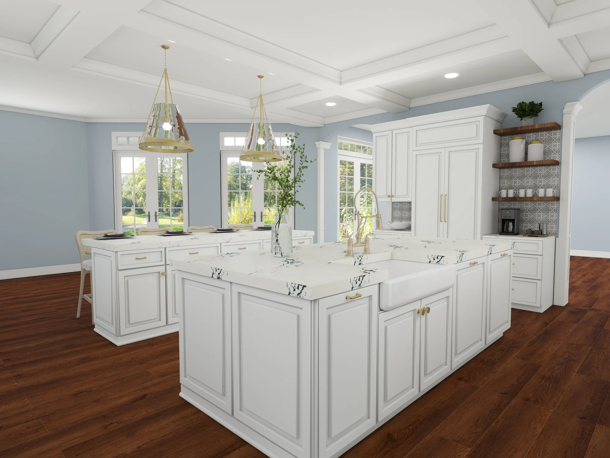 A spacious kitchen with white cabinetry, a large marble island, and two decorative pendant lights hanging from a tray ceiling. Large windows let in natural light, and there are wooden shelves with decorative items on one wall.
