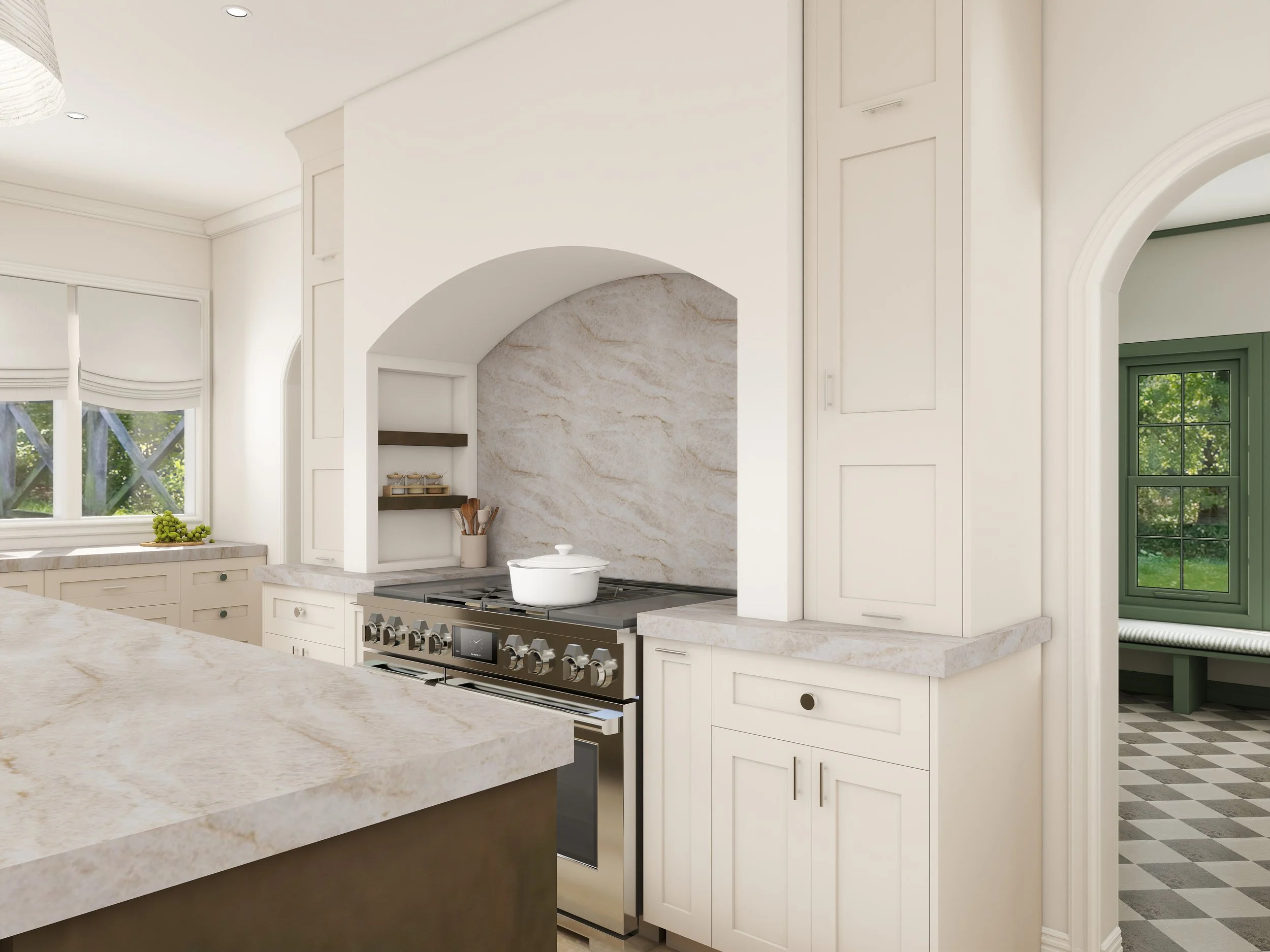 A modern white kitchen with a marble countertop, a stove, white cabinets, and windows showing greenery outside.