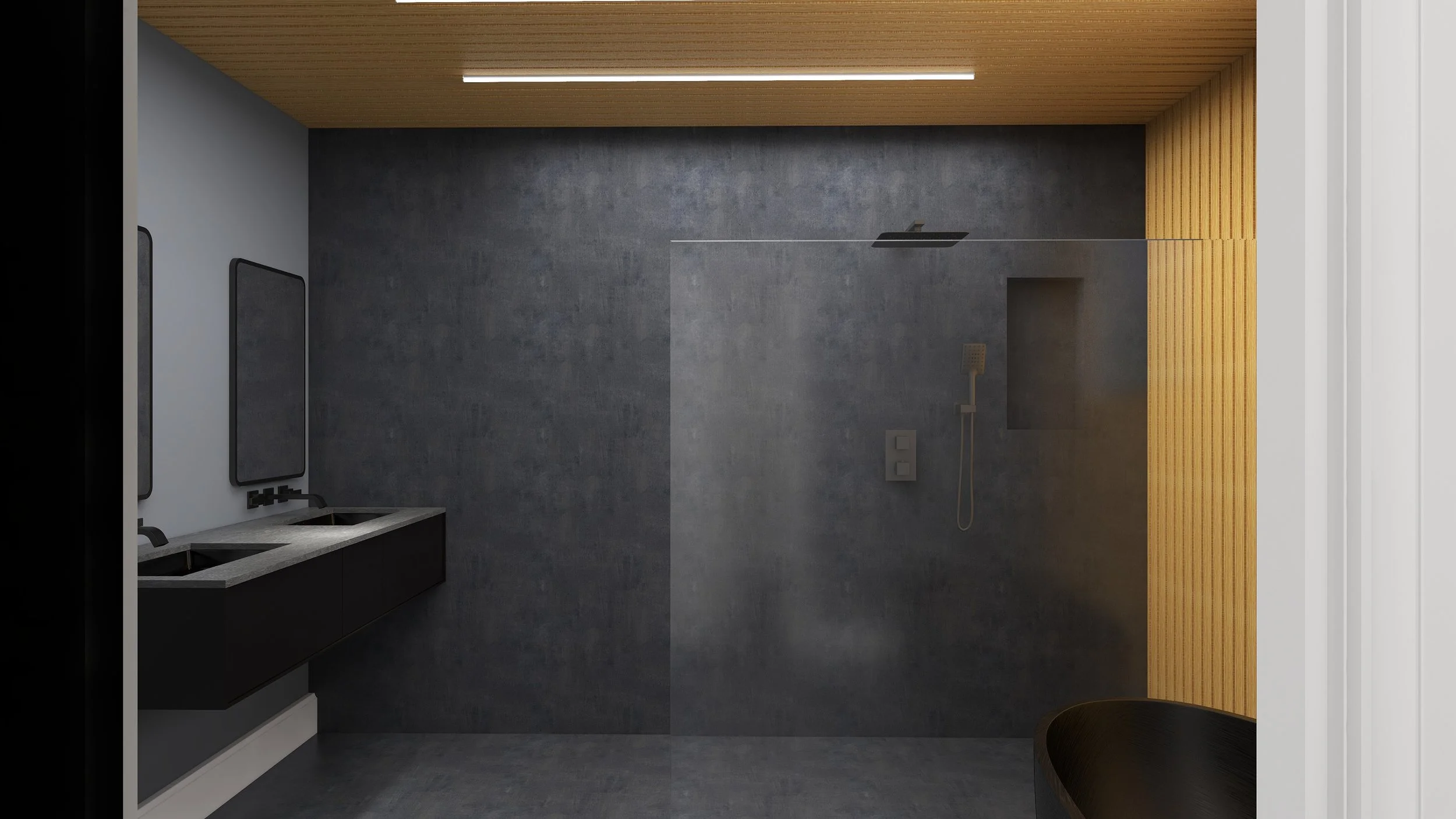 Modern bathroom with a dark gray tiled wall and ceiling, featuring a black showerhead, a small shelf, a shower control, and a wooden slat wall on the right side.