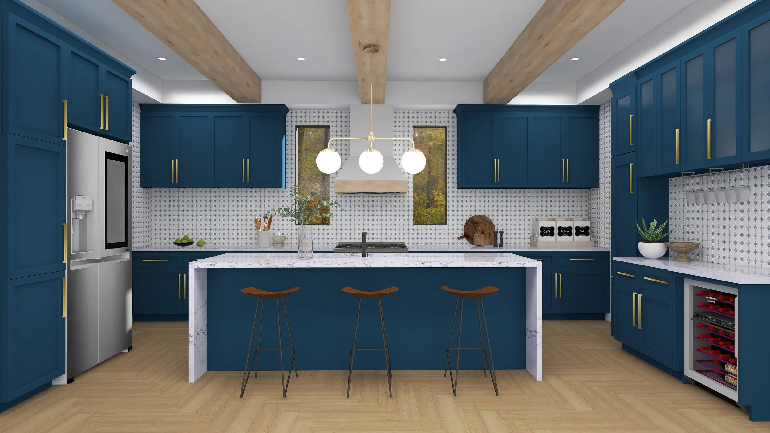 Modern kitchen with blue cabinets, white marble island, wooden ceiling beams, and pendant lights.