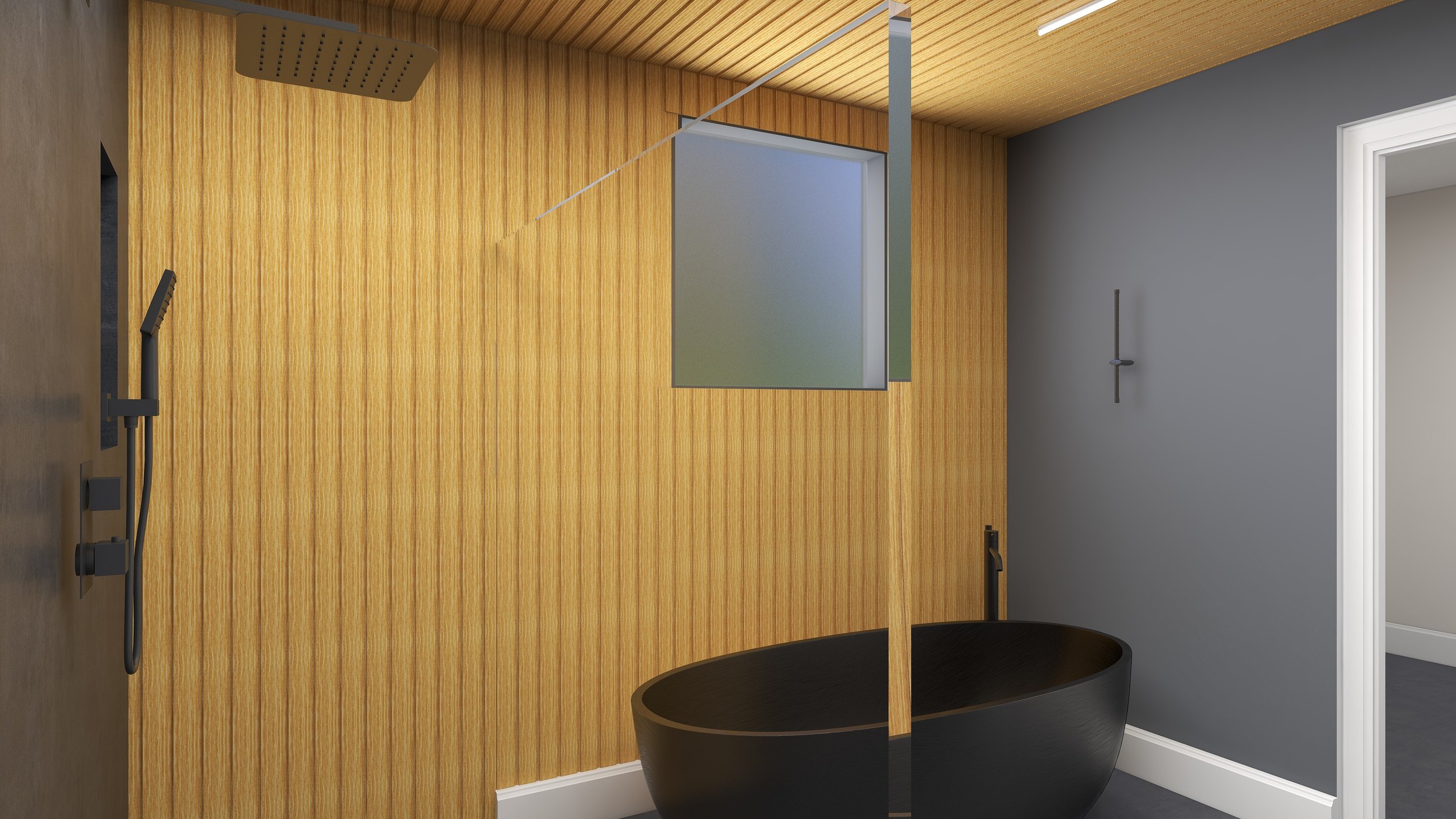 A modern bathroom with wooden accent wall, gray wall, and black tub. Features a rain showerhead and handheld shower on the wall.
