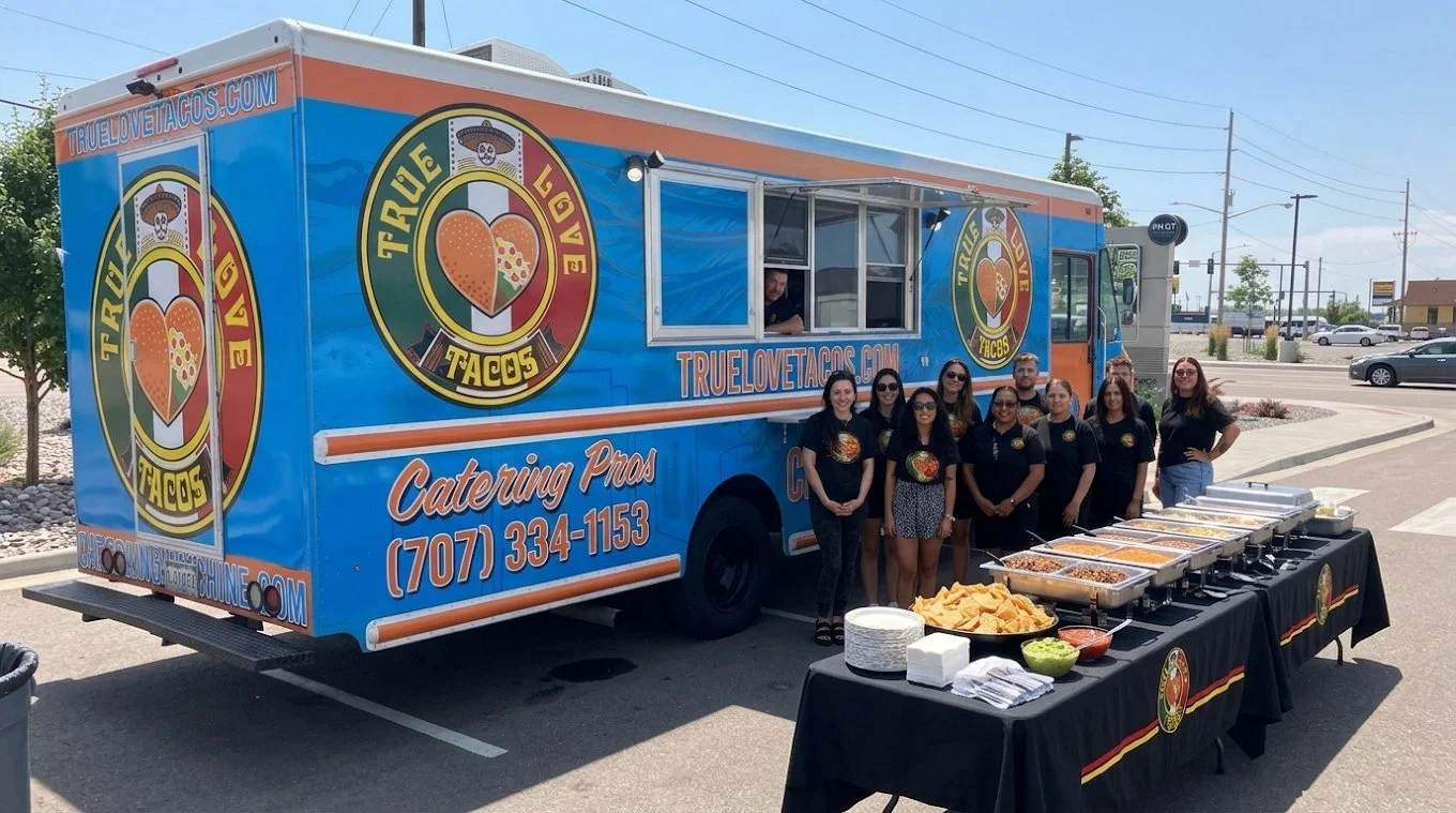 True Love Tacos authentic Mexican food truck parked at an outdoor event in Denver with catering setup and guests.