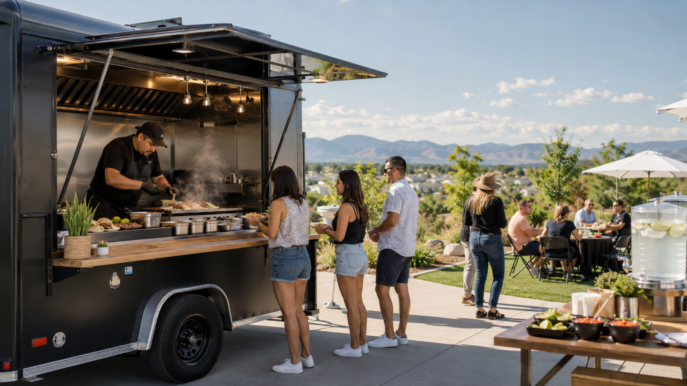 Guests ordering fresh tacos from a black food truck at an outdoor summer party in Aurora