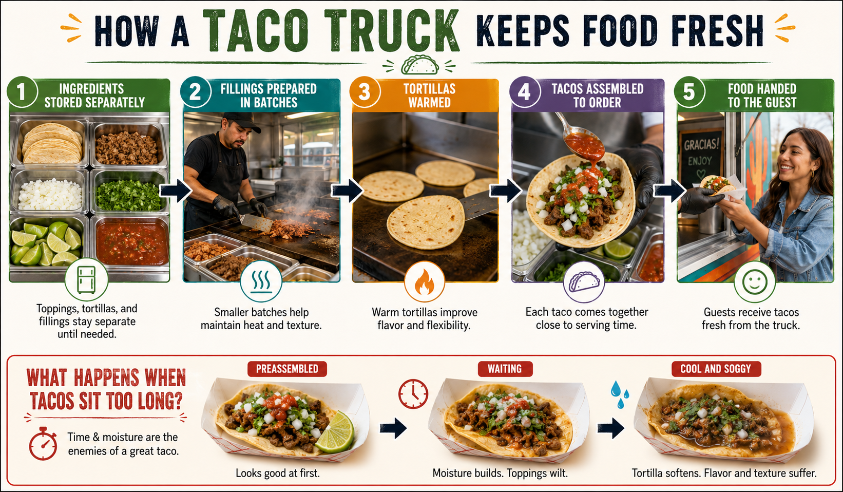 Infographic explaining how taco truck catering keeps food fresh by preparing ingredients in small batches and assembling tacos to order, contrasted with a soggy preassembled taco.