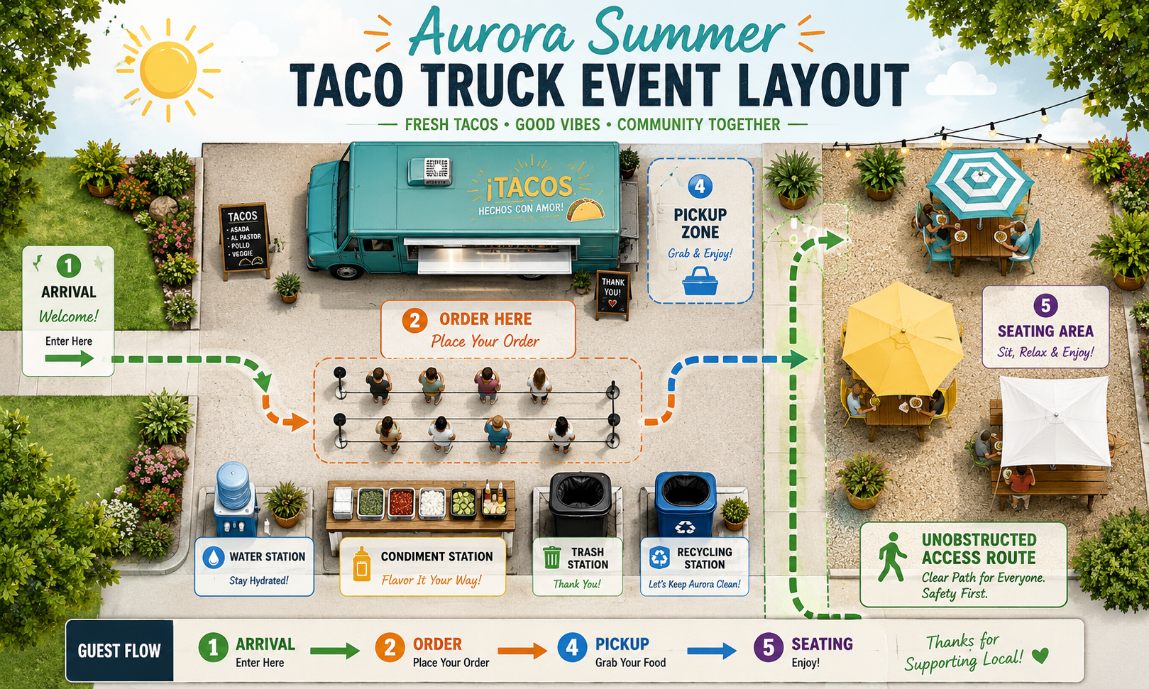 Overhead diagram mapping an ideal Aurora summer taco truck event layout, showing guest flow from arrival and ordering to pickup, condiment stations, and shaded seating.
