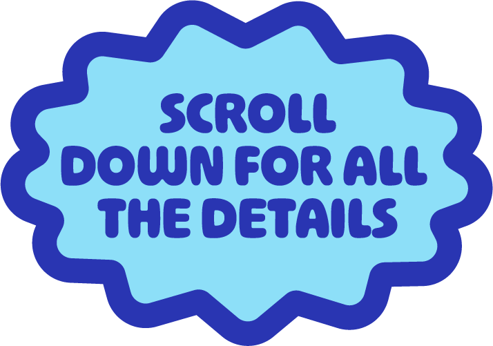 Blue speech bubble with dark blue border and text that reads "Scroll Down For All The Details."