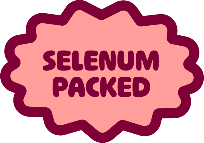 Badge with pink background, dark purple border, and the words "SELENIUM PACKED" in bold purple letters.