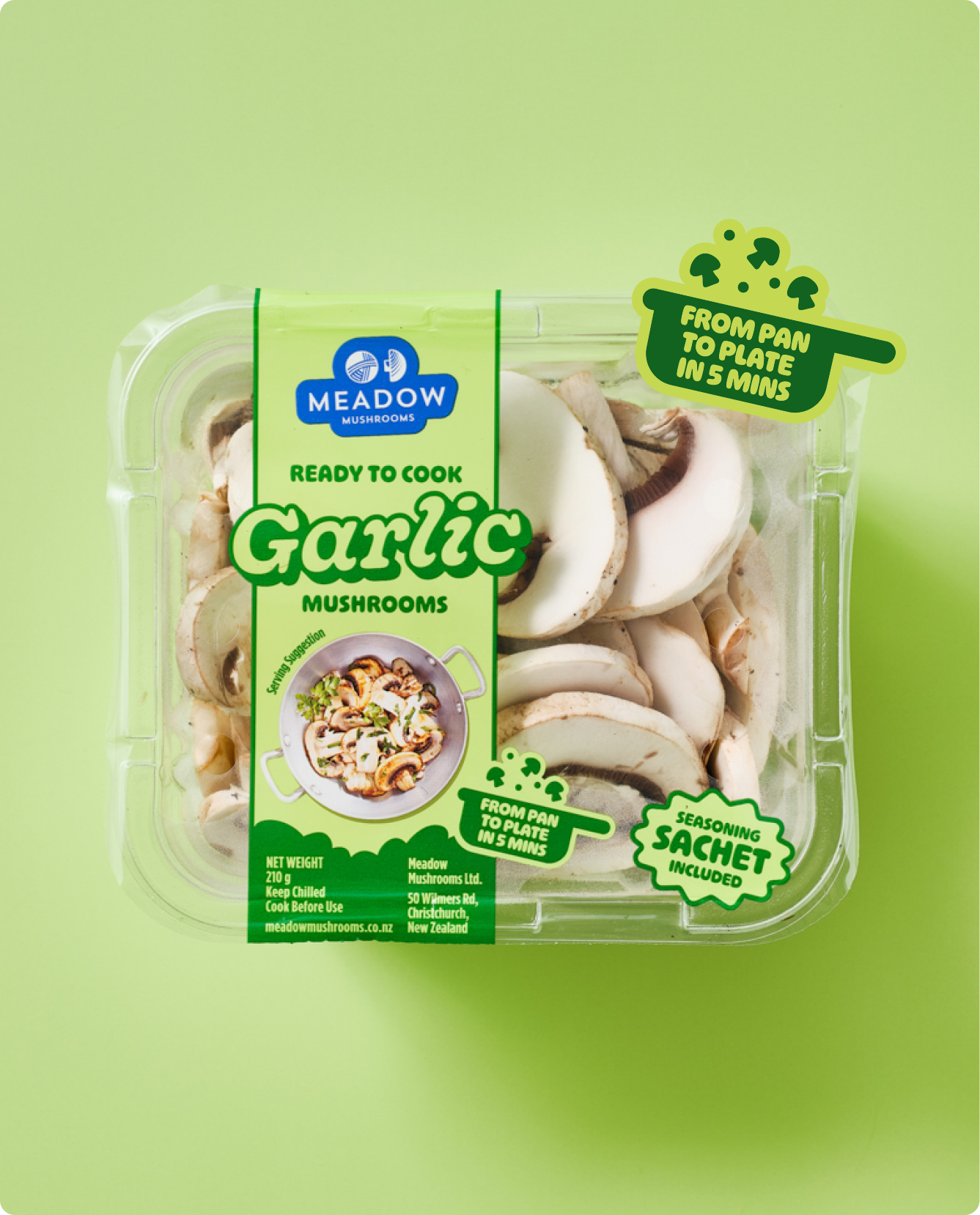 Package of Meadow Mushrooms garlic slices with a label indicating they are ready to cook, from pan to plate in 5 minutes, including a seasoning sachet.