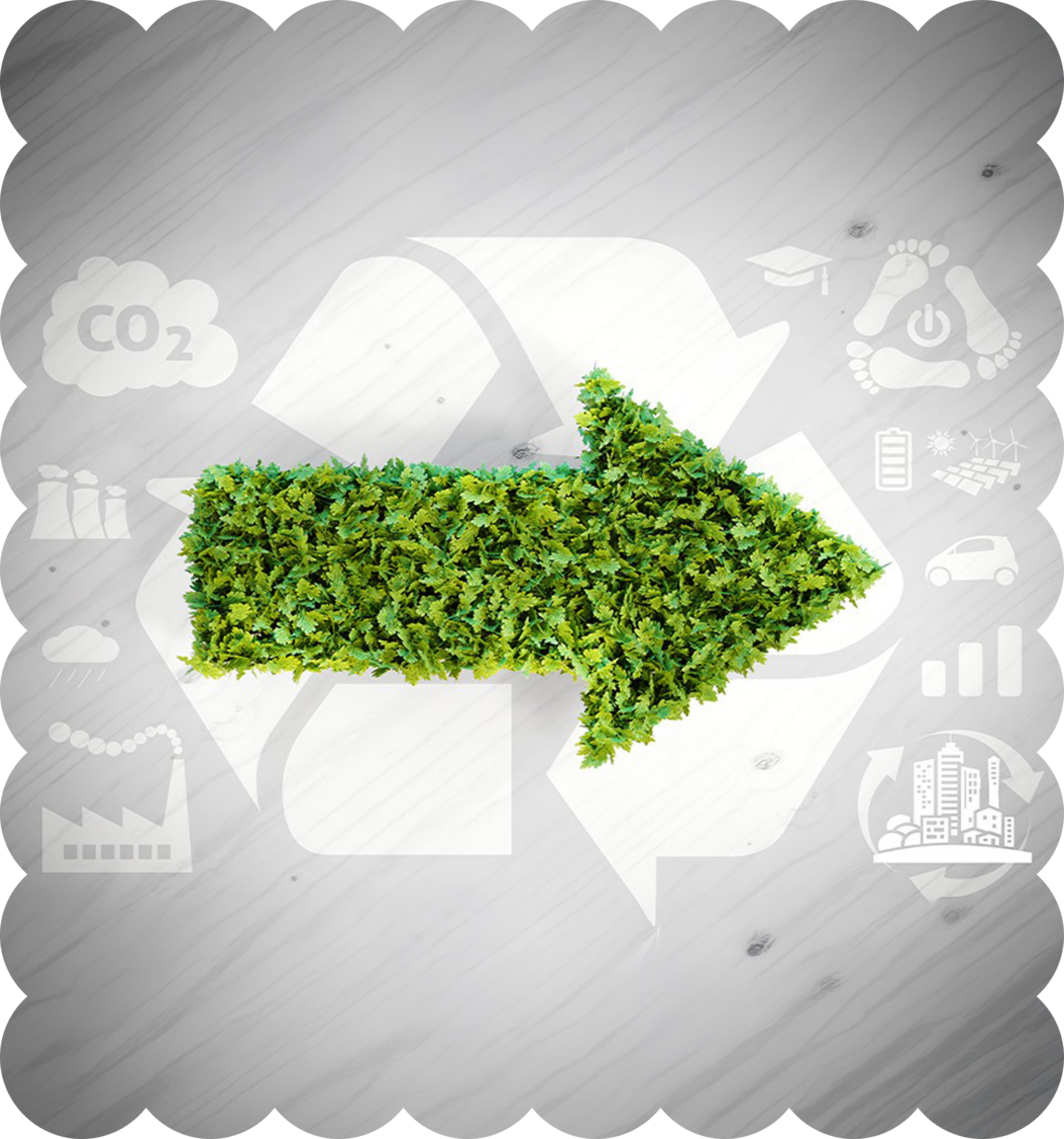 Green leafy bush in the foreground with various icons in white overlay, including a CO2 cloud, a plant, recycling symbols, a battery, solar panels, wind turbines, and other environmental symbols on a wooden surface background.