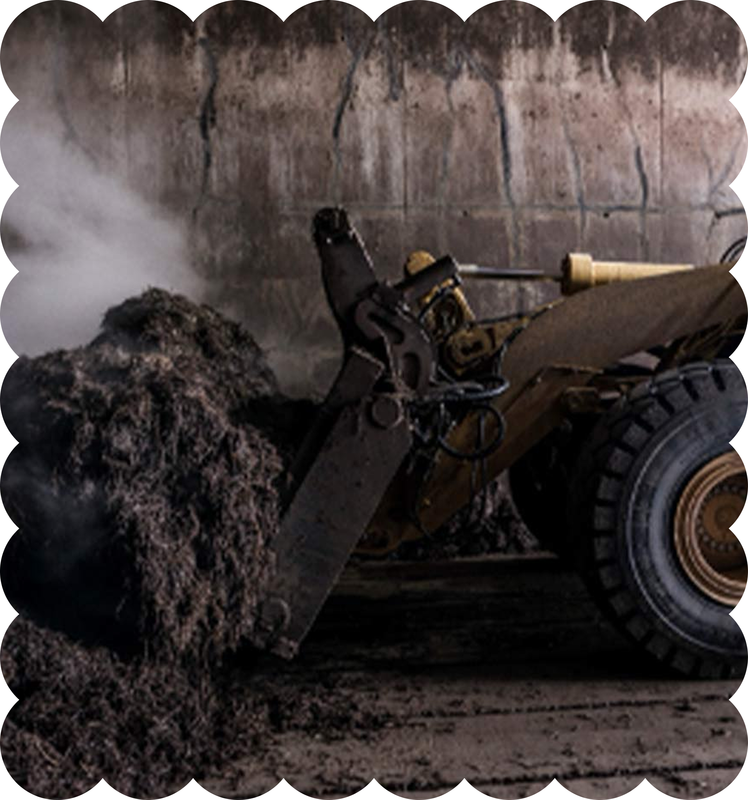 A person using a power tool to cut or grind on a brick wall, creating dust and debris.