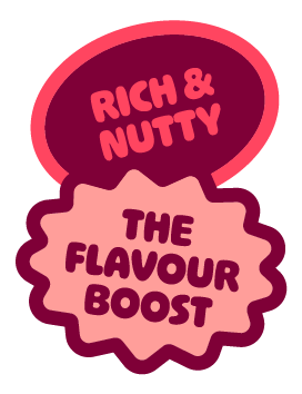 Logo with text 'Rich & Nutty The Flavour Boost' in pink and dark red colors.