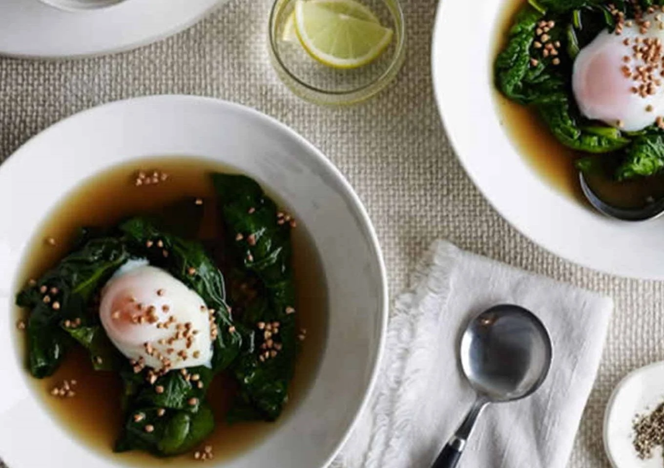 Beef &amp; mushroom broth with poached egg &amp; toasted buckwheat