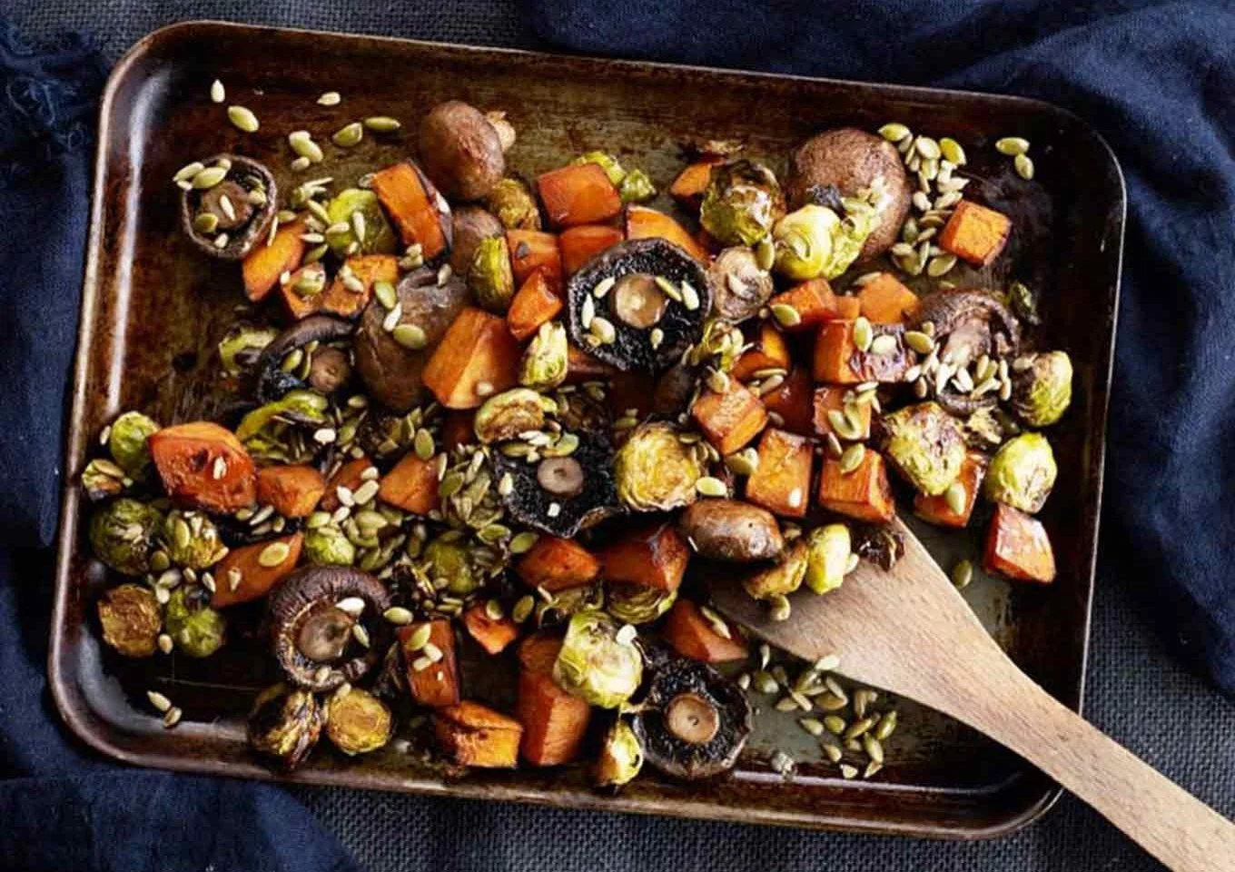Pan roasted mushroom, pumpkin &amp; Brussels sprouts with seeds