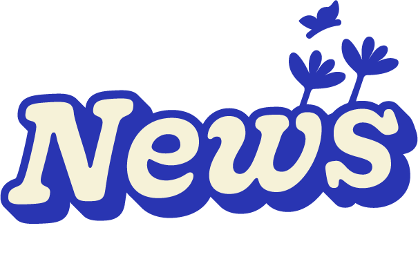 The image is a logo with the word "News" in bold, cream-colored letters outlined in blue, and there are blue flower-like shapes above the letters.
