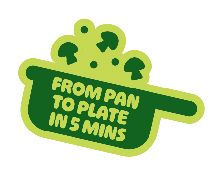 Graphic of a pot with steam and vegetables, with text reading 'From Pan to Plate in 5 Mins'.