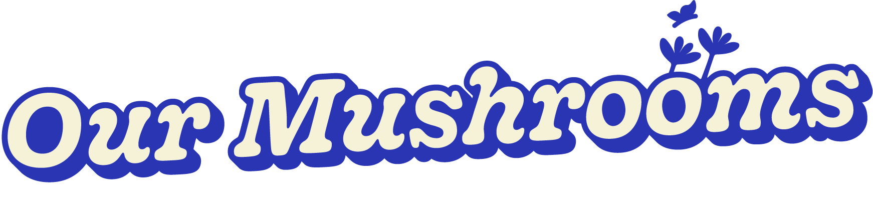 Text that reads 'Our Mushrooms' in large, playful blue and beige font with small mushroom illustrations above the letter 'u'. Striped blue and beige background.
