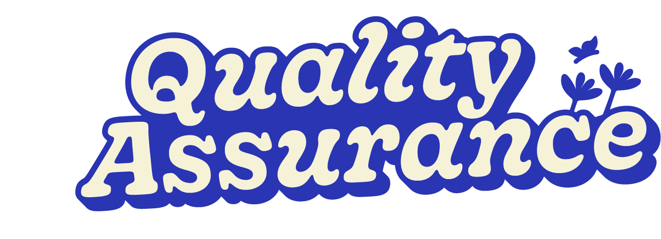Text reading "Quality Assurance" with decorative blue flowers and a blue outline.