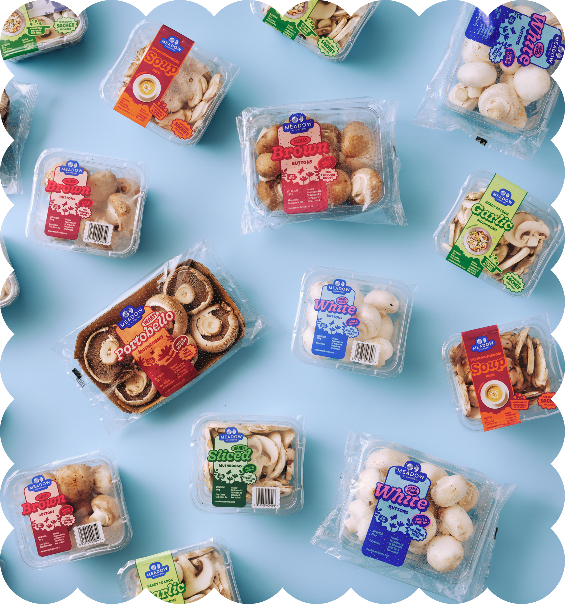 Assortment of packaged mushrooms in clear plastic containers on a light blue surface. The packages include varieties such as portobello, button, brown, white, garlic, and sliced mushrooms, labeled with colorful branding and descriptions.