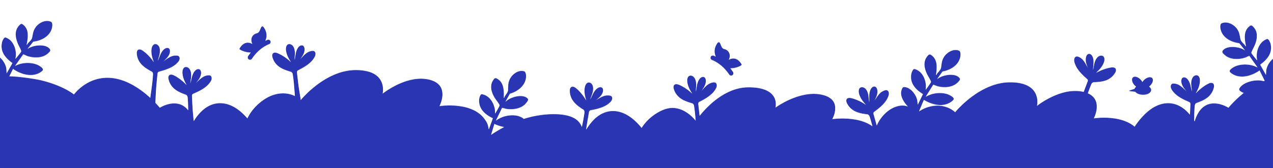 Blue silhouettes of plants and butterflies on a white background.