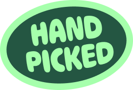 Green oval sticker with the words 'HAND PICKED' in bold, light green letters.