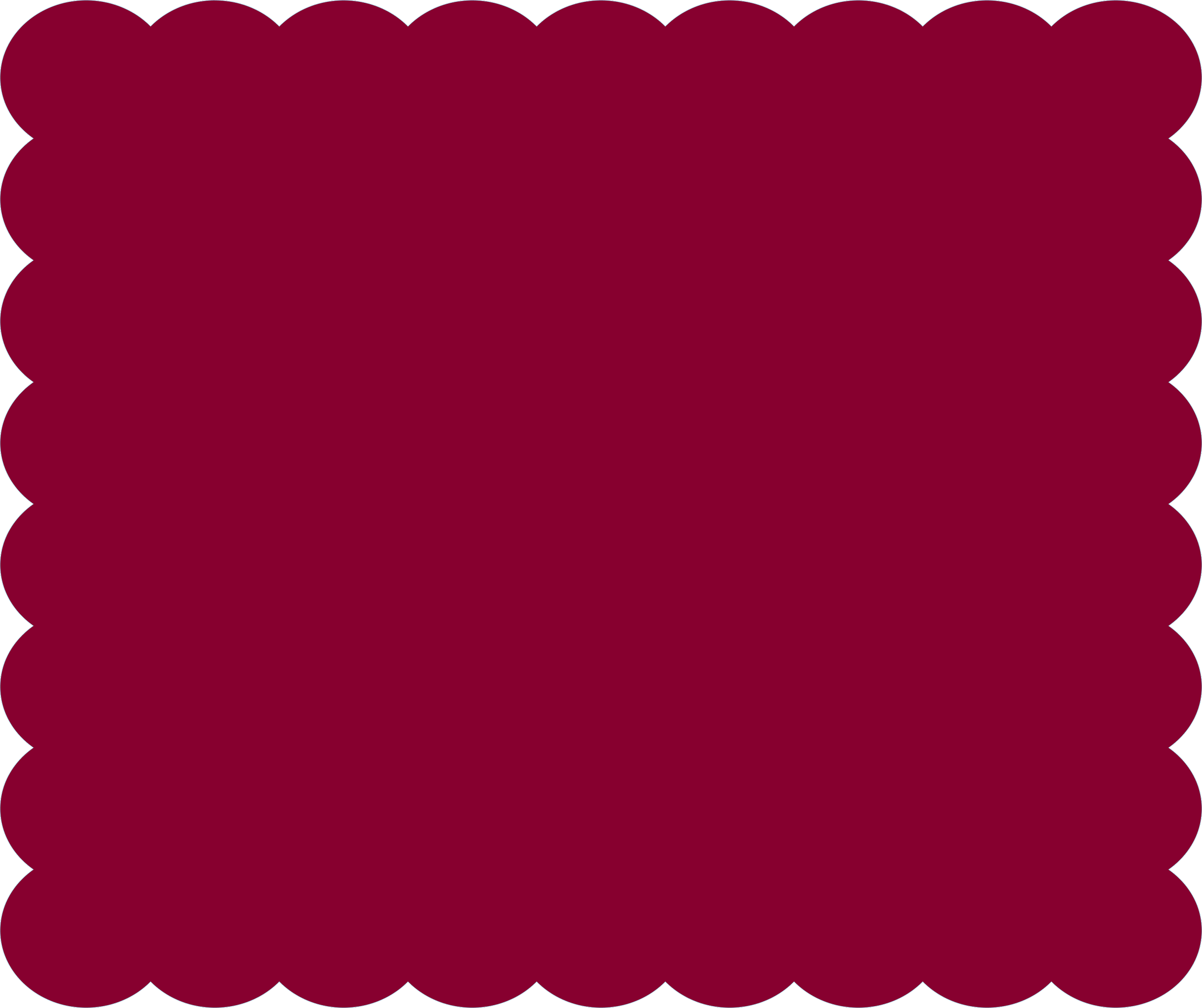 A close-up of a maroon, scalloped-edged banner with repeated scalloped patterns along the sides.