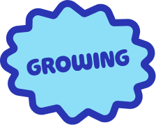 Blue badge with navy blue outline and the word 'GROWING' in the center in navy blue text.