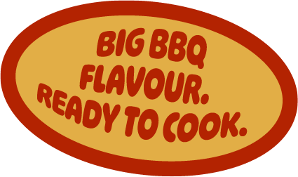 Oval sign with red and yellow colors that reads 'Big BBQ Flavour. Ready to Cook.'