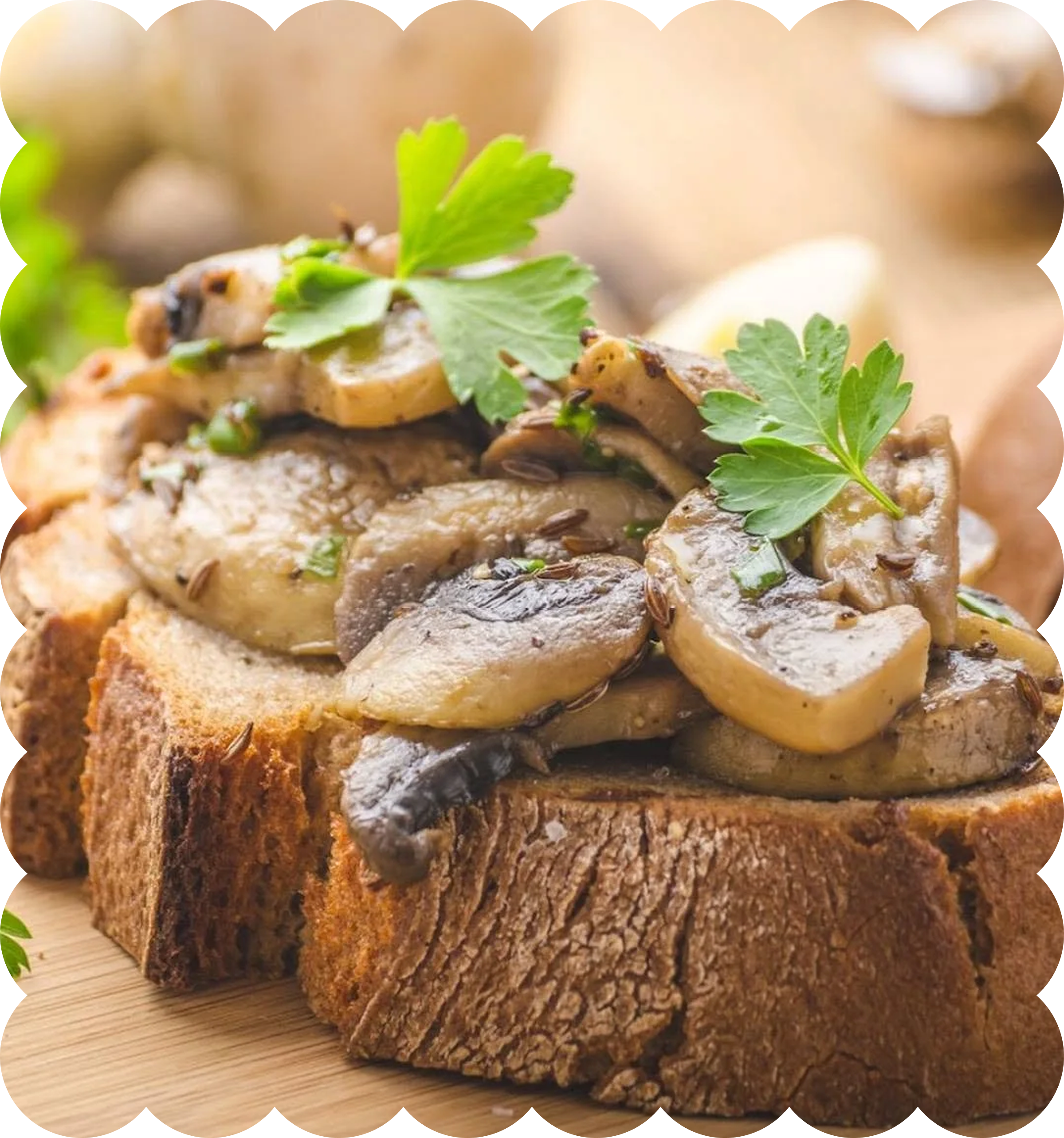 Close-up of a slice of toasted bread topped with sautéed mushrooms and garnished with fresh parsley leaves.